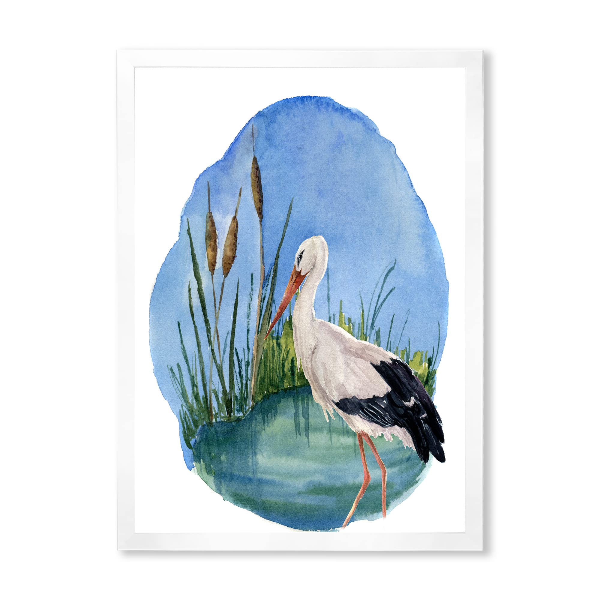 DesignQ White Stork On The Swamp Traditional Framed Wall Art - Vintage Nature Home Decor for Living Room, Bedroom & Office