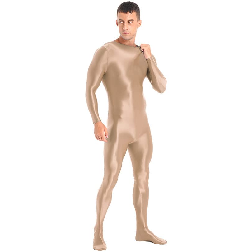 Men's Shiny One-Piece Swimsuit with Long Sleeves & Zipper - Bodystocking Teddy Lingerie for Nightwear, Beach & Pool Party