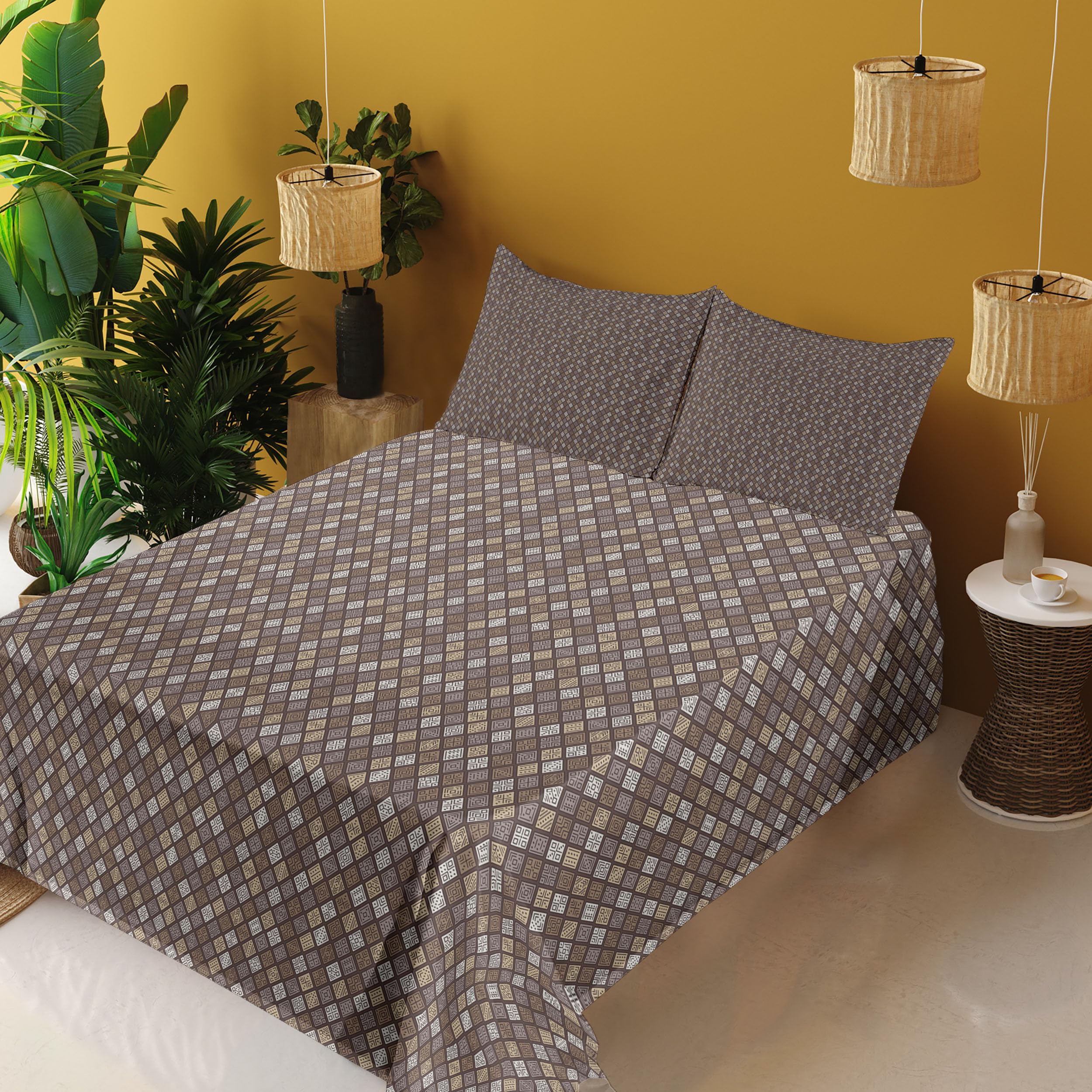 Ambesonne Abstract Diamond Geometric Pattern 4-Piece Sheet Set - King Size, Dark Taupe Tan & Cocoa - Fitted Sheet, Flat Sheet & 2 Pillowcases - Modern Bedroom Decor for Contemporary Homes