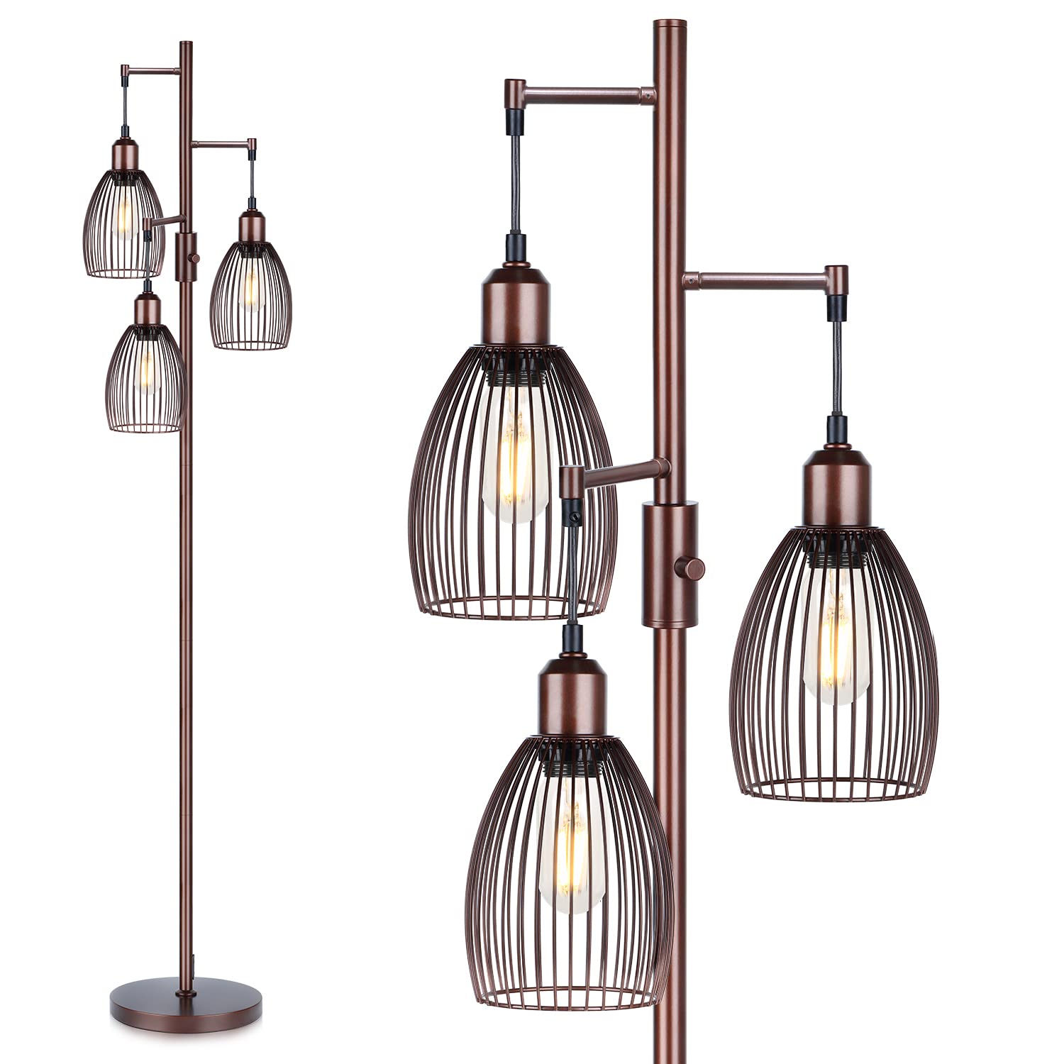 Dimmable Floor Lamp with 3 x 800LM LED Edison Bulbs - Farmhouse Industrial Standing Lamp with Teardrop Cage Heads for Living Room, Office, Bedroom | Perfect for Reading, Relaxing & Creating Cozy Ambiance