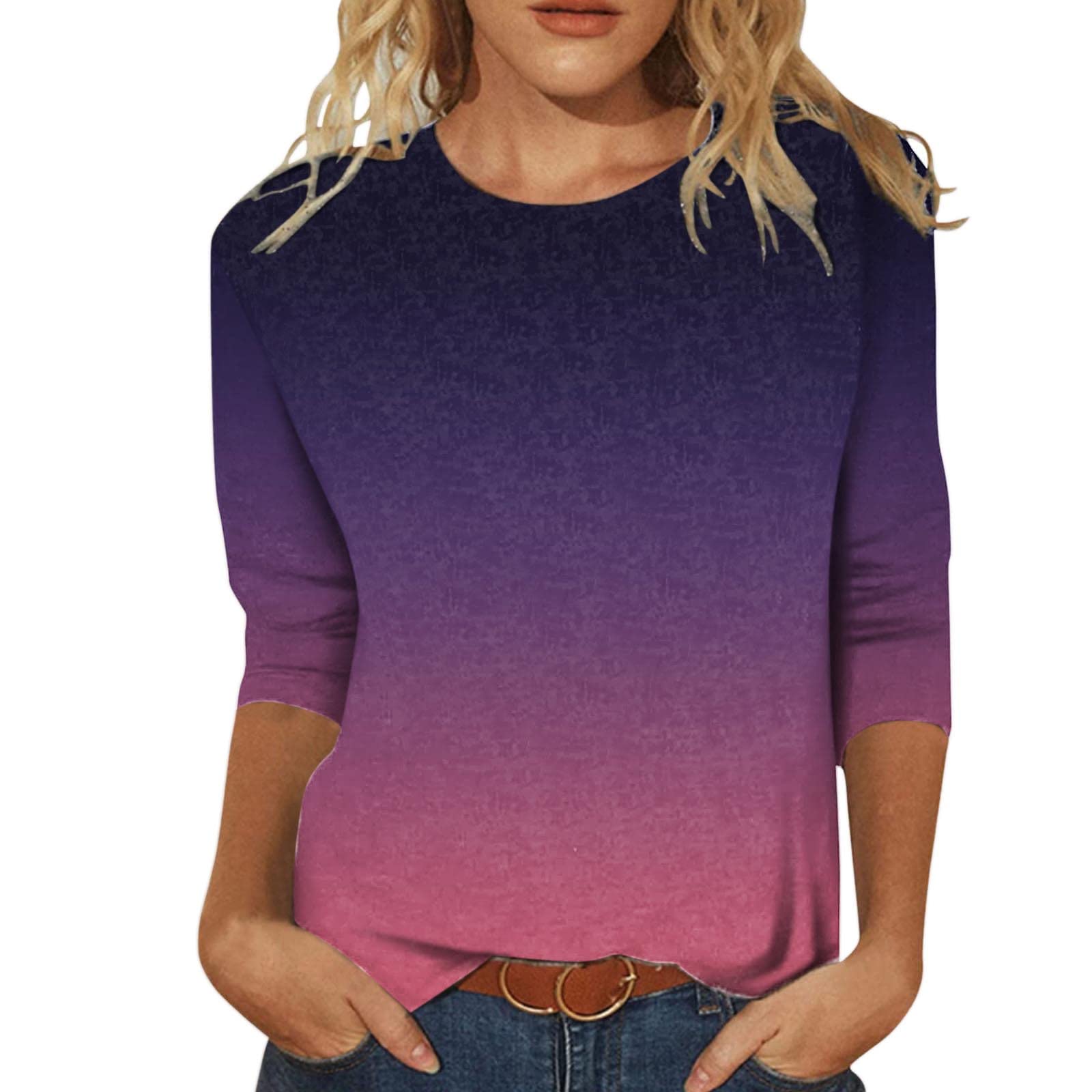 Women's Casual Gradient Print O-Neck 3/4 Sleeve T-Shirt Blouse - Stylish Summer Top for Work, Dating & Everyday Wear