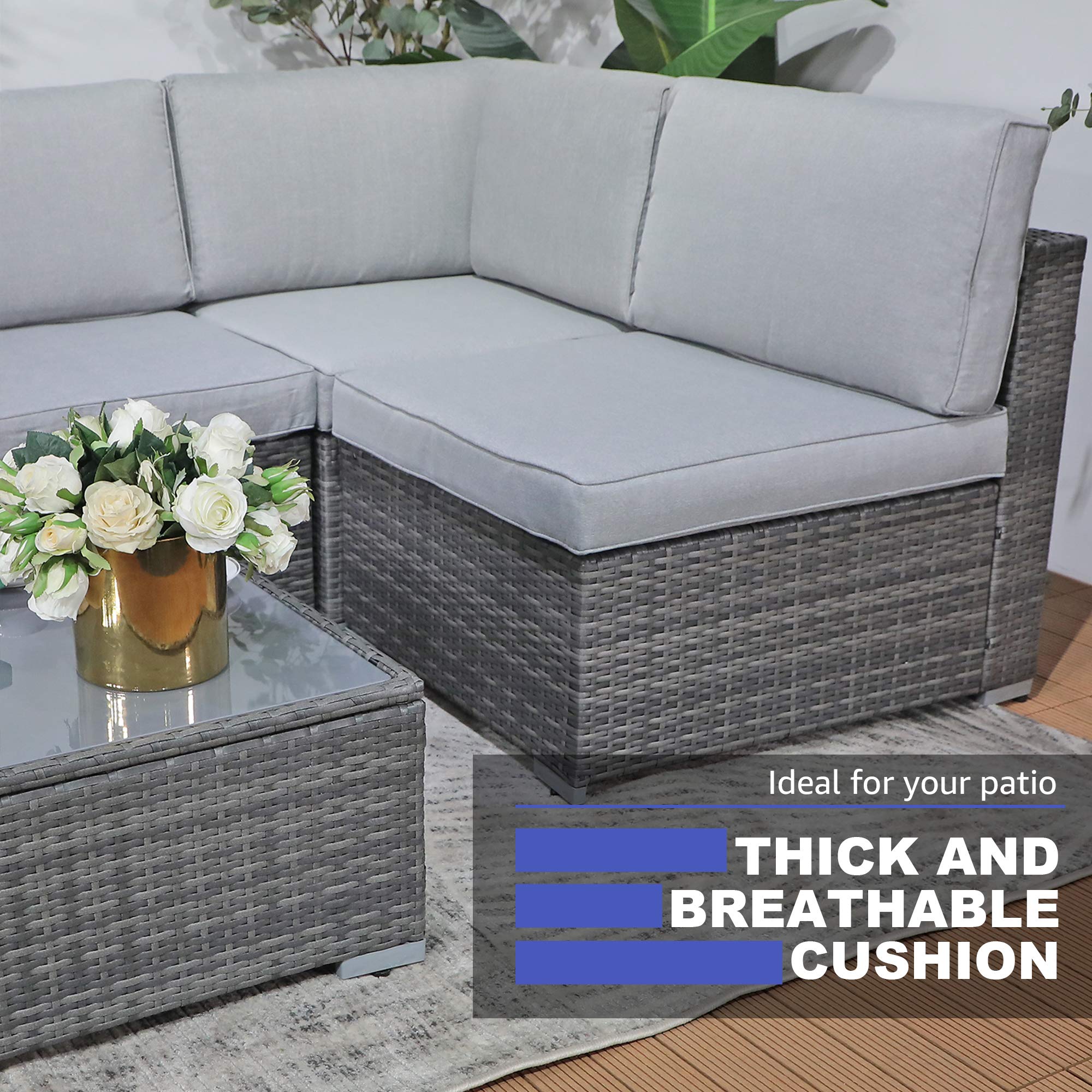 All-Weather Grey PE Rattan Outdoor Loveseat Set - 2-Piece Wicker Sectional Sofa with Light Grey Cushions | Patiorama Corner Sofa for Patio, Garden & Poolside Relaxation