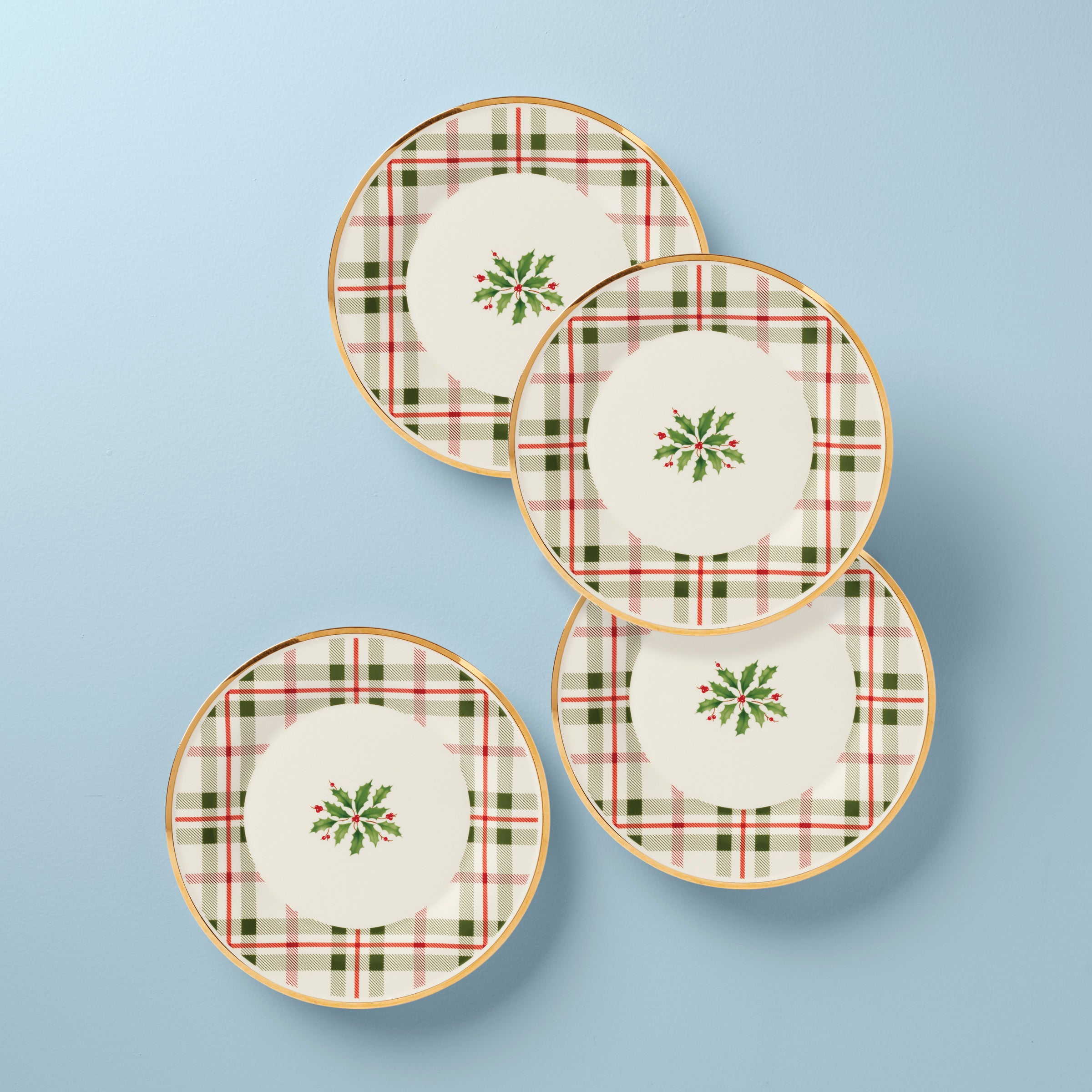Festive Holiday Plaid Accent Plates Set of 4 - Christmas Dinnerware for Holiday Parties & Seasonal Table Decor