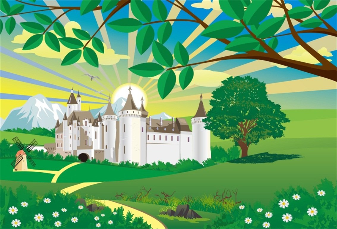 CSFOTO 7x5ft Cartoon Town Sunrise Photography Backdrop - Castle, Windmill, Snow Mountain & Green Grassland Landscape for Fairy Tale Children's Photo Studio | Durable Polyester Wallpaper | Perfect for Kids Birthday Parties, Baby Showers & Themed Events