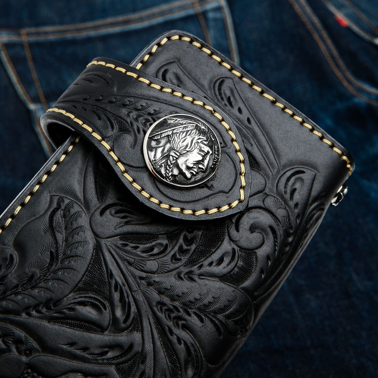 Genuine Black Cowhide Leather Western Biker Wallet for Men - Stylish & Durable RFID Blocking Billfold for Motorcycle Riders, Travel & Everyday Use