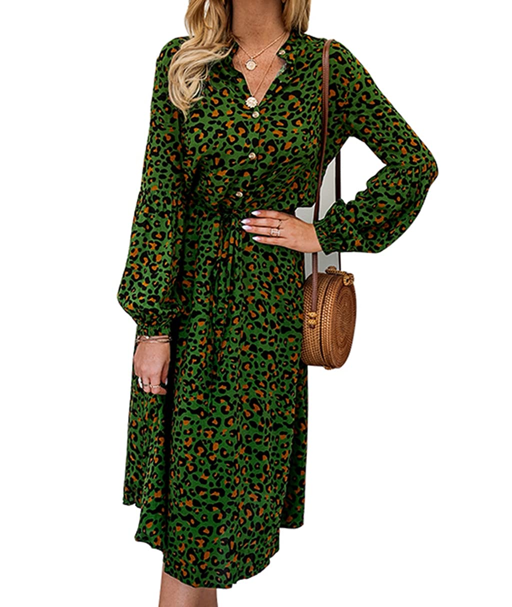 Women's Leopard Print Casual Dress - Puff Sleeves V-Neck Button Down Tie Waist A-Line Cotton Midi Shirt Dress | Perfect for Office, Date Night & Summer Outings