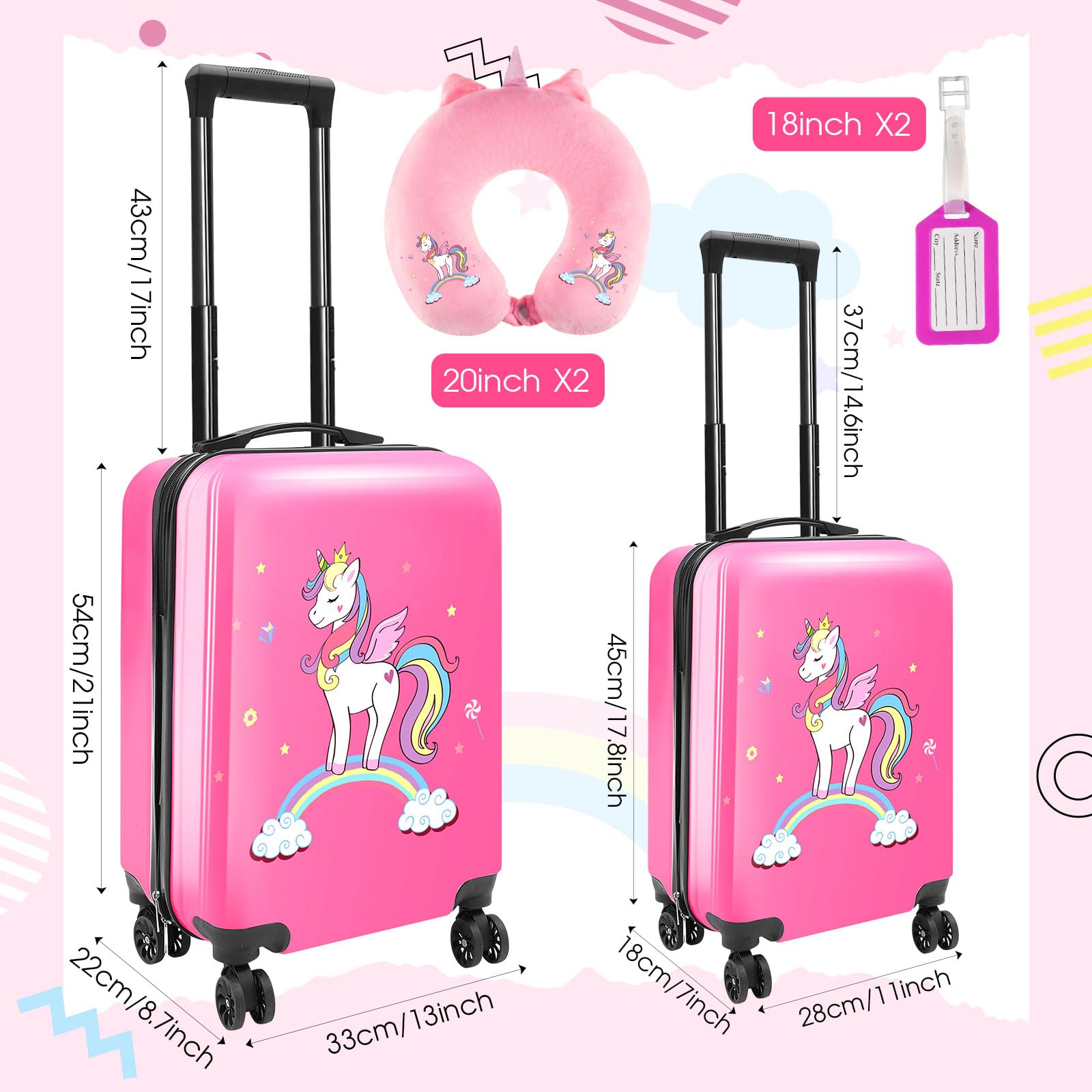 Sanwuta 6-Piece Kids Luggage Set - Pink Unicorn Rolling Suitcases for Girls (18