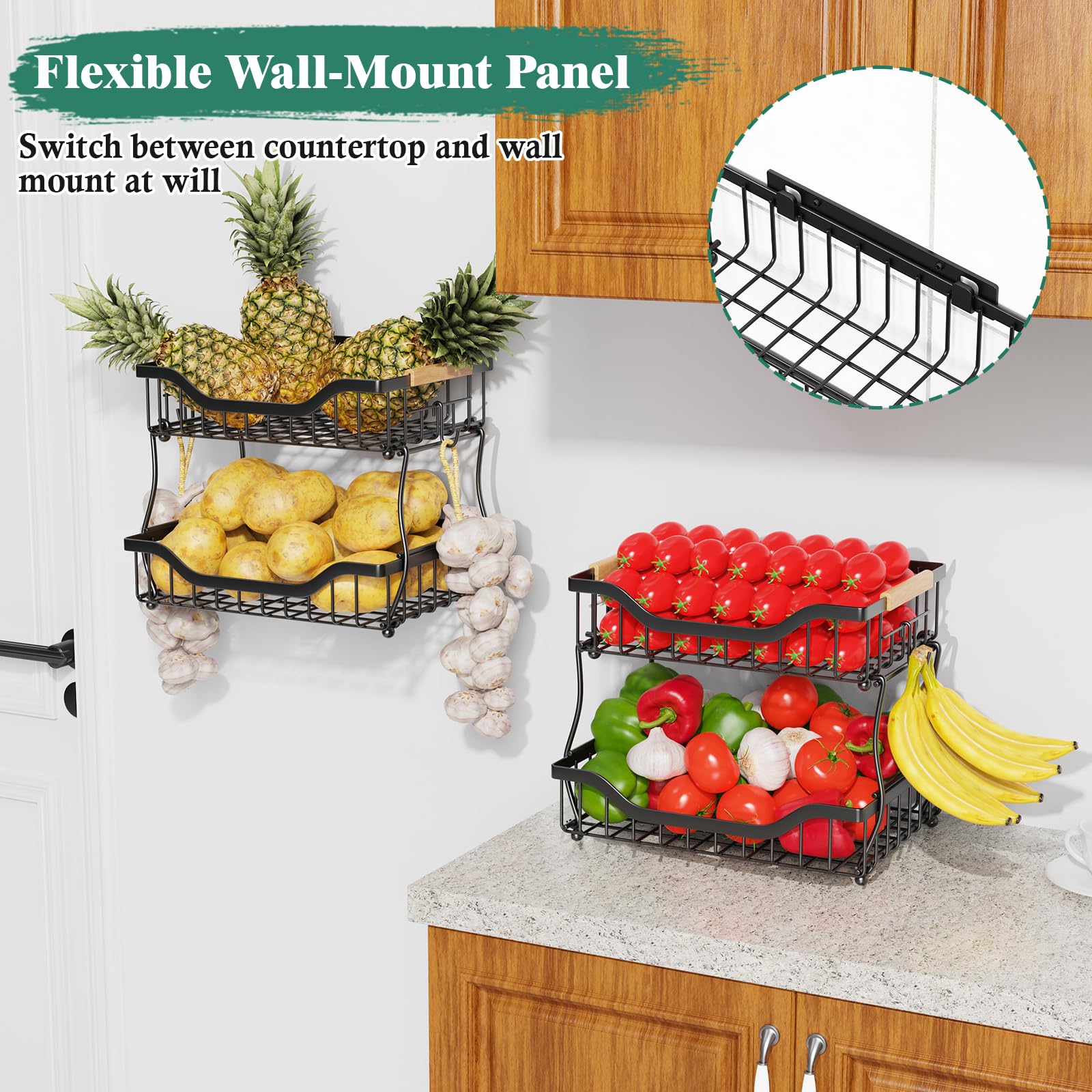 2-Tier Fruit Basket with Banana Hangers - Wall Mount & Countertop Kitchen Organizer for Fruits, Vegetables, Potatoes, Onions, Bread & Snacks | Space-Saving Storage Solution for Small Kitchens & Pantries