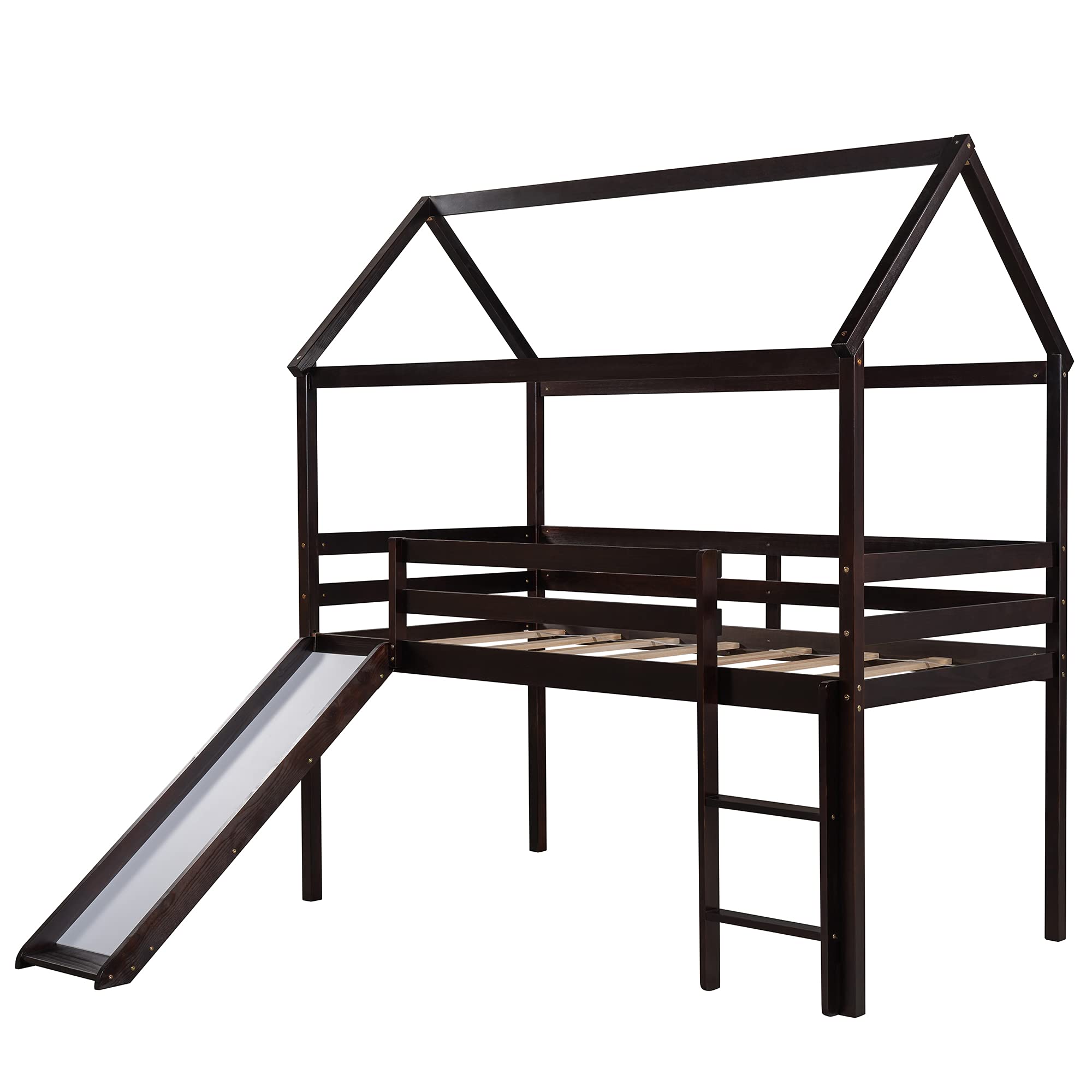 Twin Size Wooden Loft Bed with Slide, Roof & Ladder - Solid Wood House Bed Frame for Kids & Teens - No Box Spring Needed (Espresso) - Perfect for Small Bedrooms, Playrooms & Kids' Sleepovers