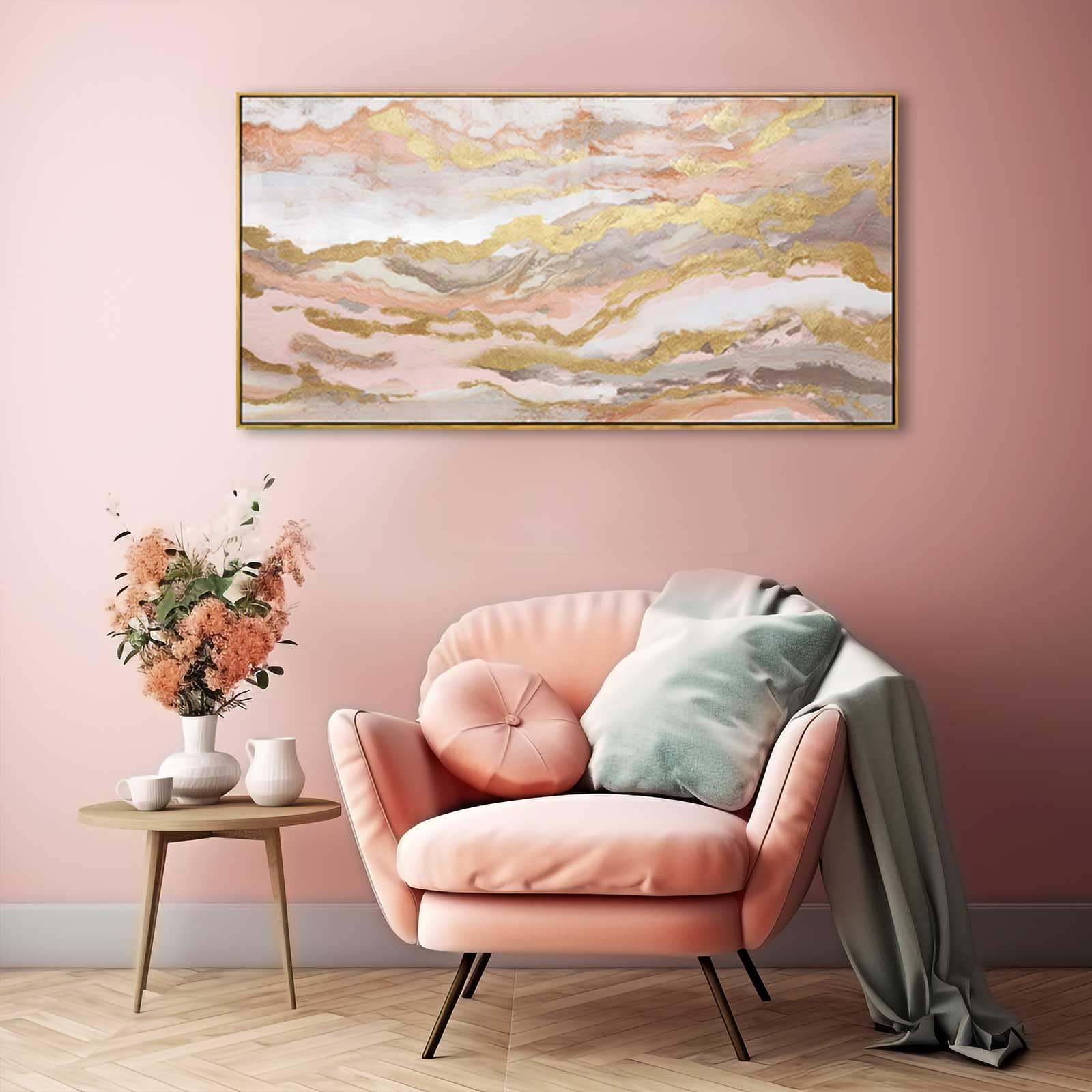 YJYart Pink Abstract Wall Art - 20x40 Inch Large Canvas Painting for Girl's Room, Living Room, Bedroom, Office & Kitchen Decor - Modern Gold Accent Home Decor for Dining Room & Workspace