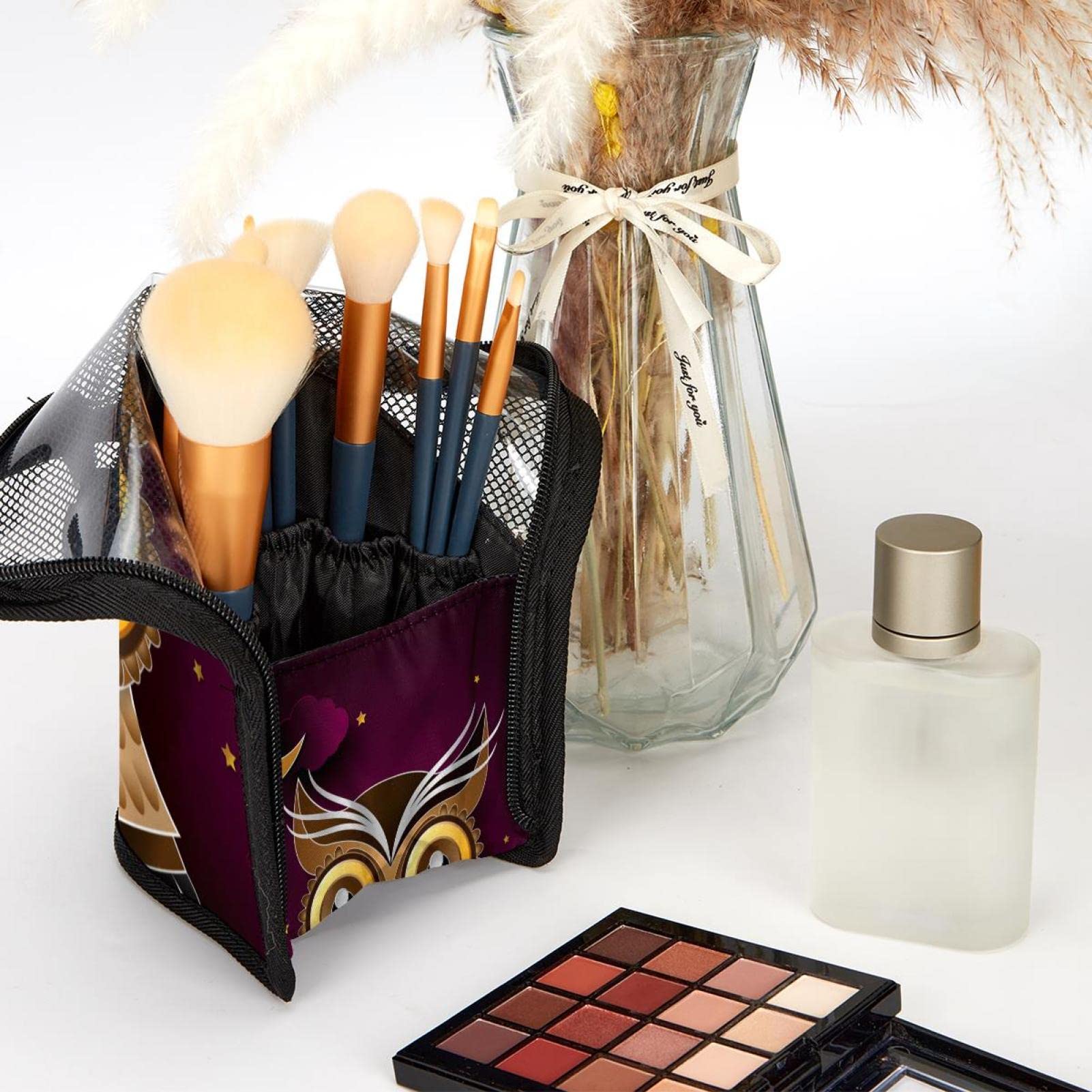 12-Piece Makeup Brush Organizer Bag with Abstract Purple Sky Night Owl Design - Portable Travel Cosmetic Brush Holder Case for Professional Makeup Artists & Beginners (Perfect for Travel, Home Vanity & Salon Use)