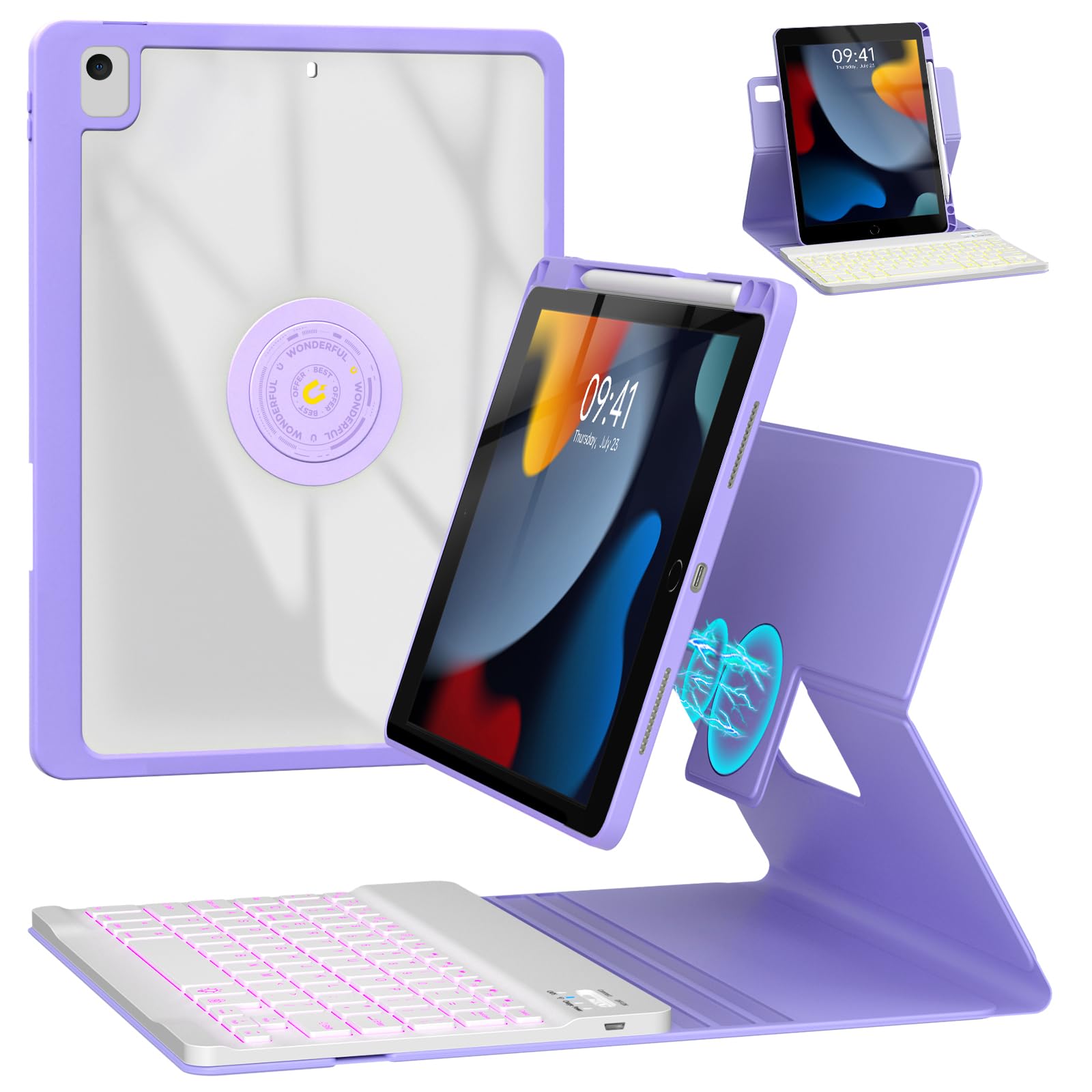 360° Rotatable Magnetic Keyboard Case for iPad 9th/8th/7th Generation 10.2 inch & iPad Pro 10.5-inch/Air 3 - Bluetooth Backlit Keyboard with Pencil Holder (7 Colors, Purple) | Perfect for Work, Study & Travel