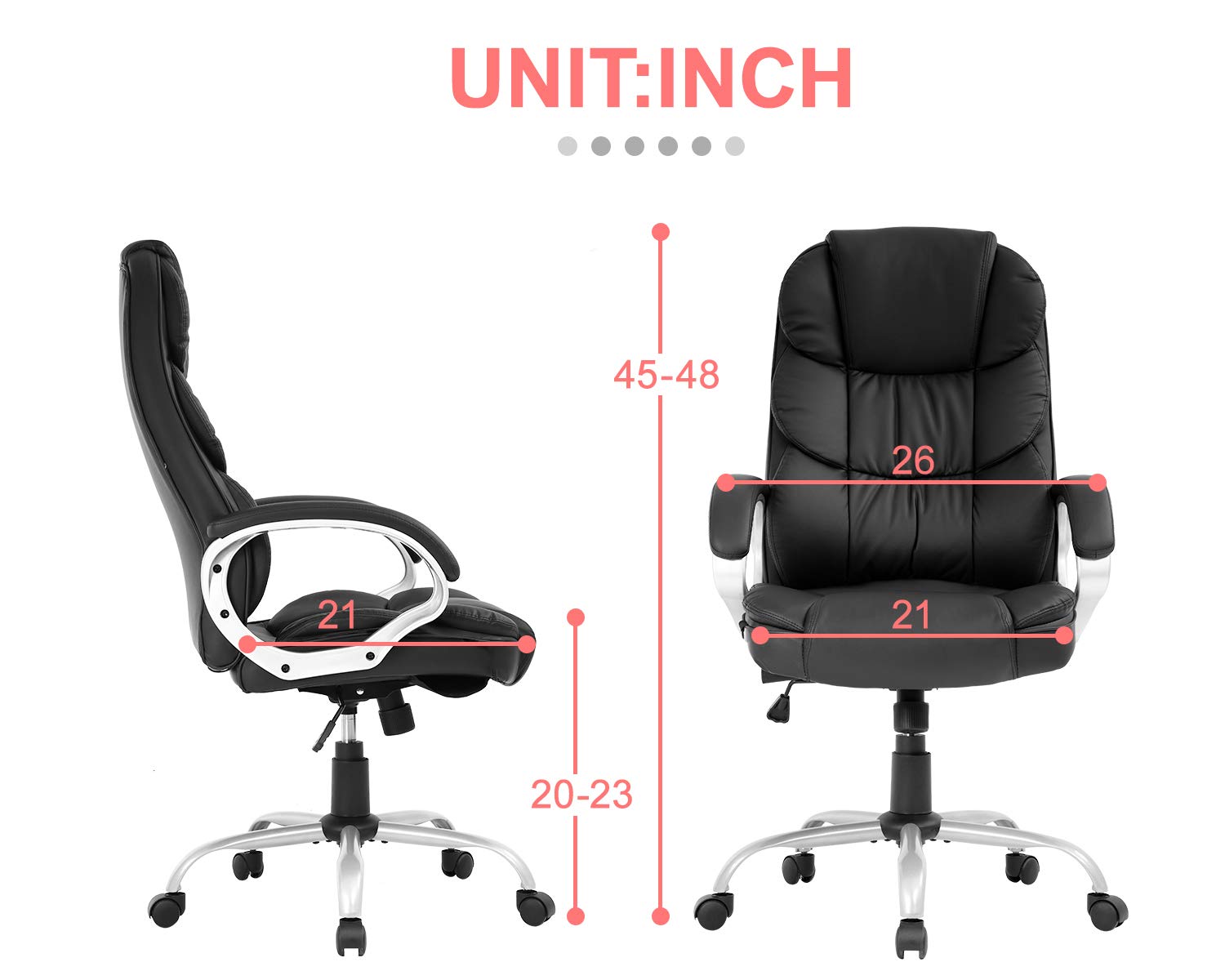 Ergonomic Office Chair - High Back PU Leather Executive Desk Chair with Adjustable Lumbar Support, Headrest & Armrest - Rolling Swivel Task Chair for Home & Office Workspace (Black) - Perfect for Long Hours of Computer Work, Gaming, and Remote Working