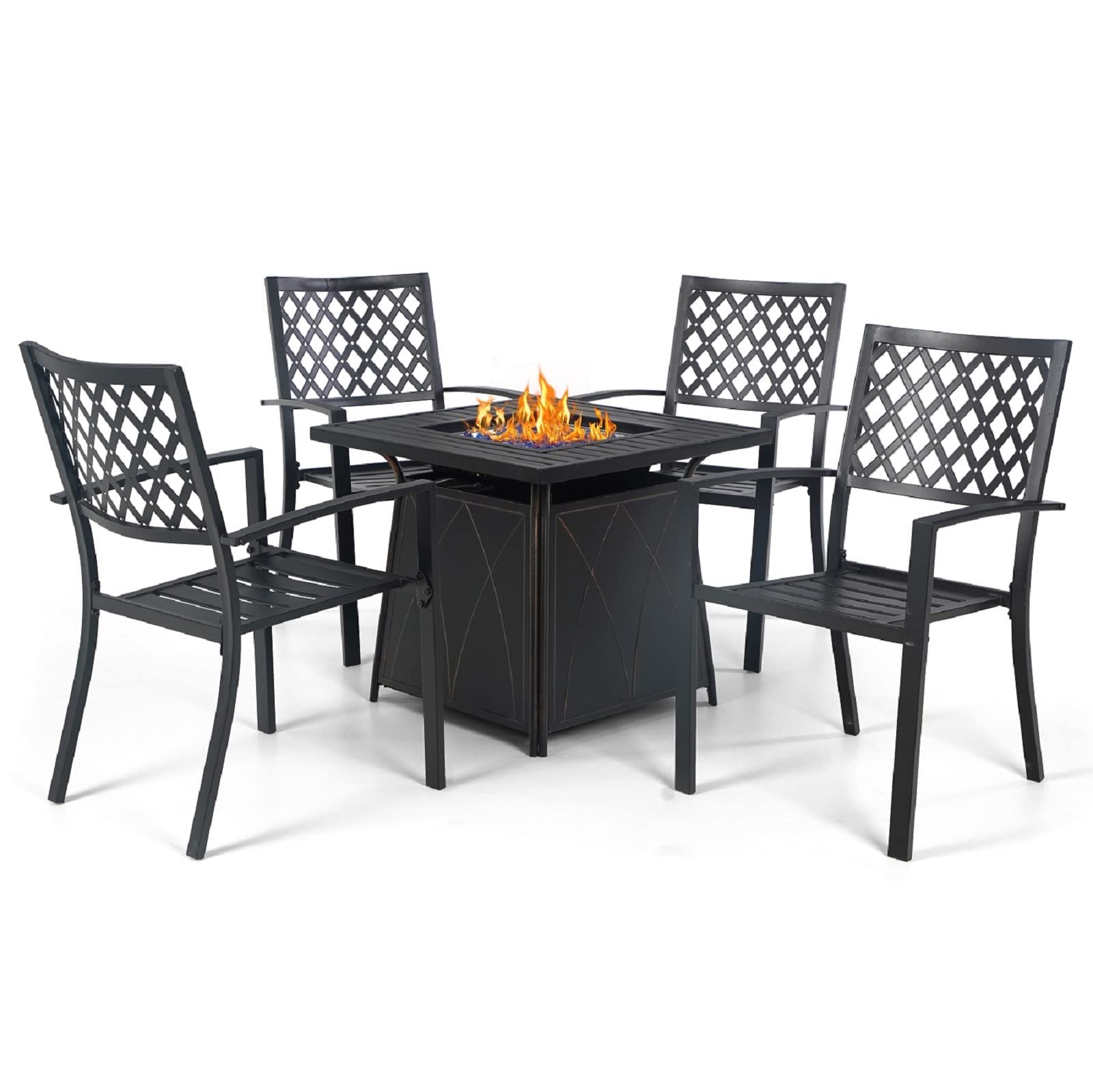 Sophia & William 5-Piece Outdoor Dining Set - Metal Patio Table with Gas Fire Pit & 4 Stackable Chairs (Black) - Perfect for Backyard BBQs, Garden Parties & Cozy Evenings
