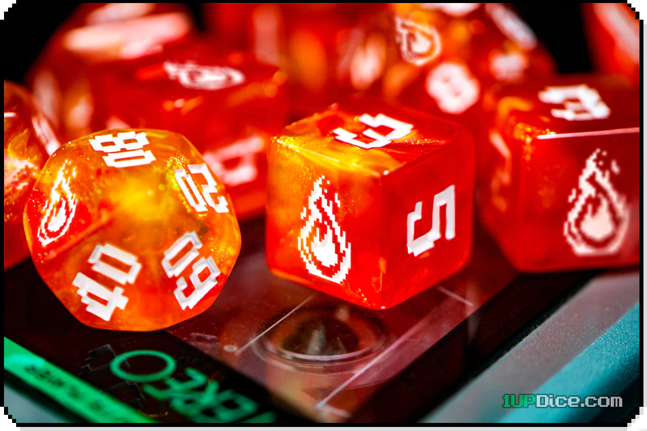 1UP Fireball Polyhedral Dice Set - 7-Piece RPG Dice for Dungeons & Dragons, Pathfinder & Tabletop Games - Perfect for D&D Campaigns, Board Games & Gift Giving