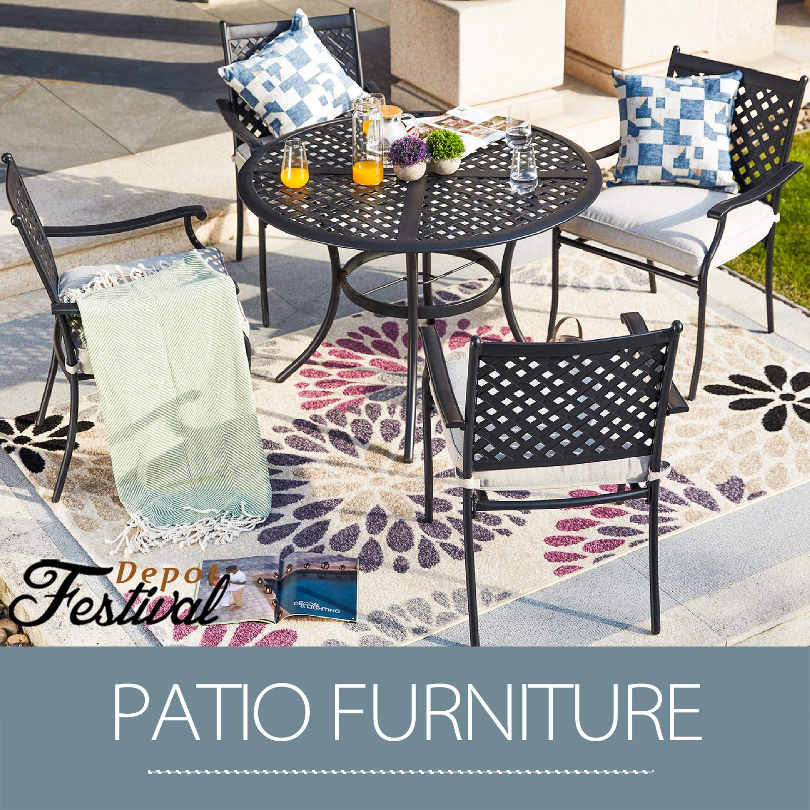 5-Piece Outdoor Patio Dining Set - 4 Wrought Iron Armchairs with Cushions & Round Black Table with Umbrella Hole - Durable Iron Garden Furniture for Deck, Lawn, Poolside, Backyard (Beige) | Perfect for Outdoor Entertaining & Relaxation