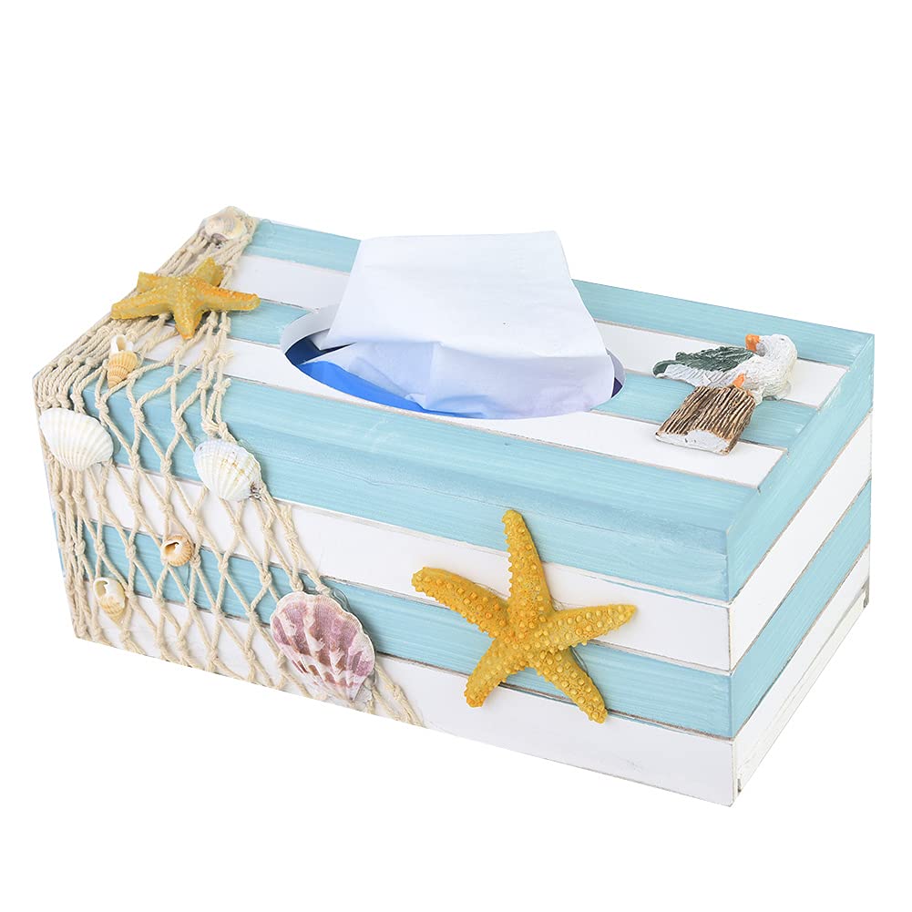 Modern Wooden Tissue Holder Cube Box - Decorative Napkin Box Cover with Starfish Design - Perfect for Bathroom, Living Room & Office Decor
