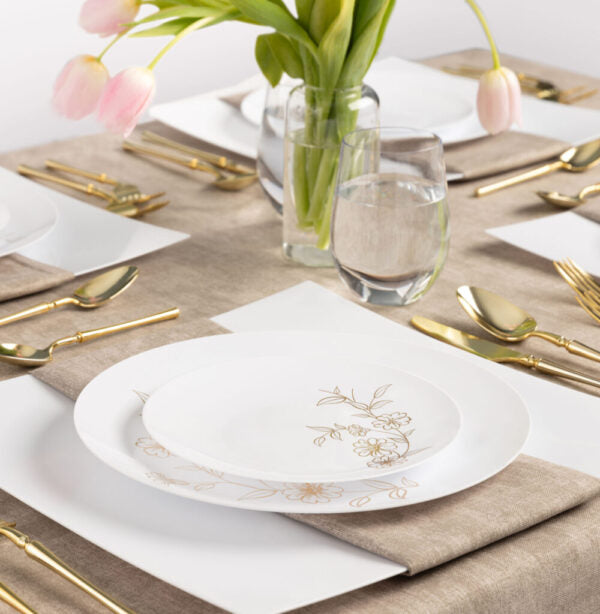 32-Pack White and Gold Round Plastic Dinnerware Set for 16 Guests - Elegant Disposable Plates, Forks, Knives & Spoons - Perfect for Weddings, Parties, and Outdoor Events