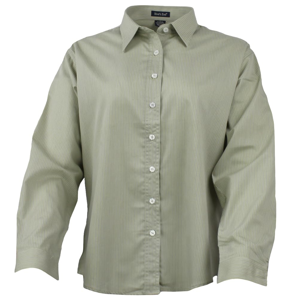 River's End Women's EZ Care Striped Long Sleeve Button-Up Shirt - Soft Casual Top for Work & Weekend Wear - Comfortable Green Blouse for Office, Date Night & Everyday Outfits