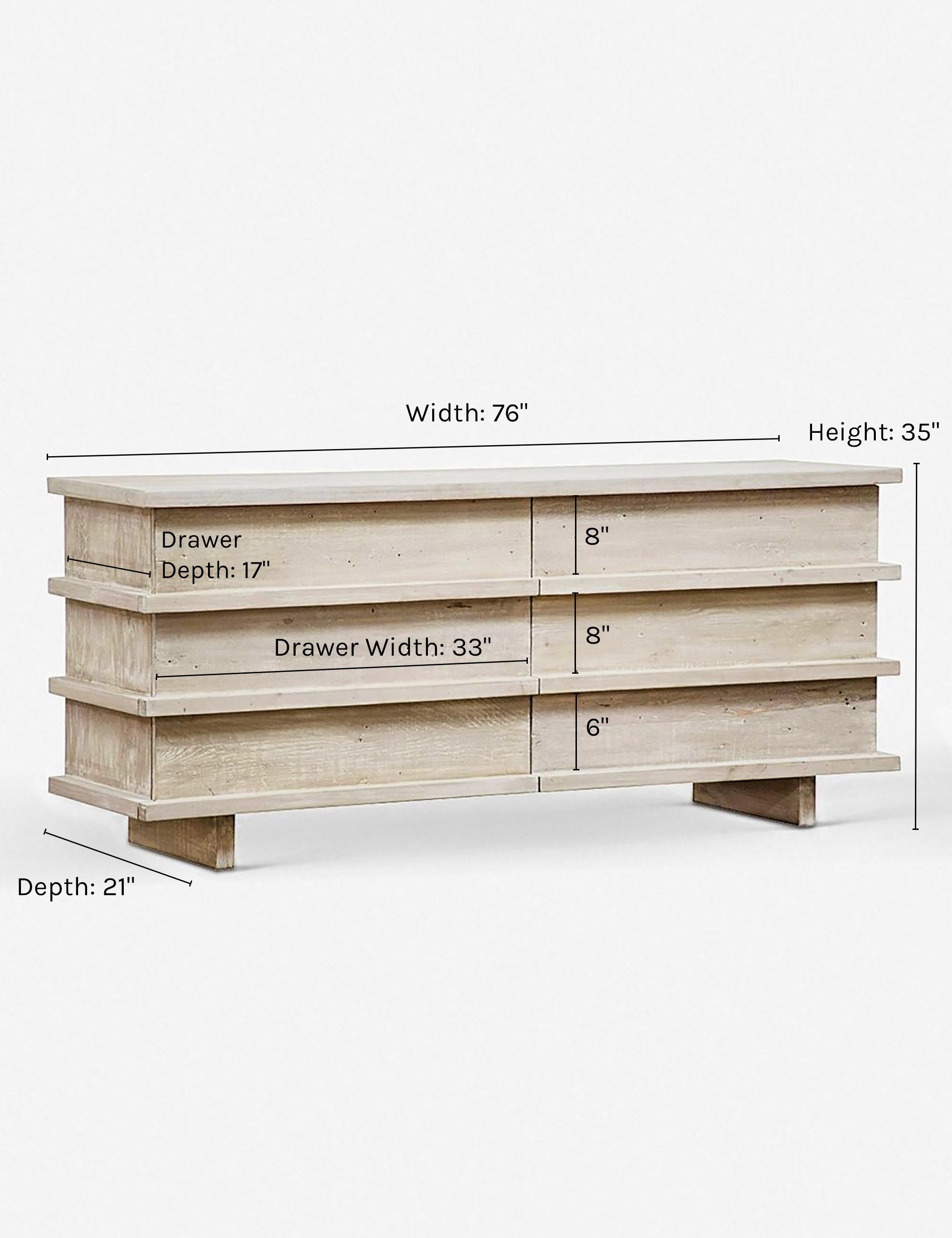 Corliss 6-Drawer White Wash Wooden Dresser for Bedroom - Modern Storage Chest with Smooth Gliding Drawers for Clothes Organization
