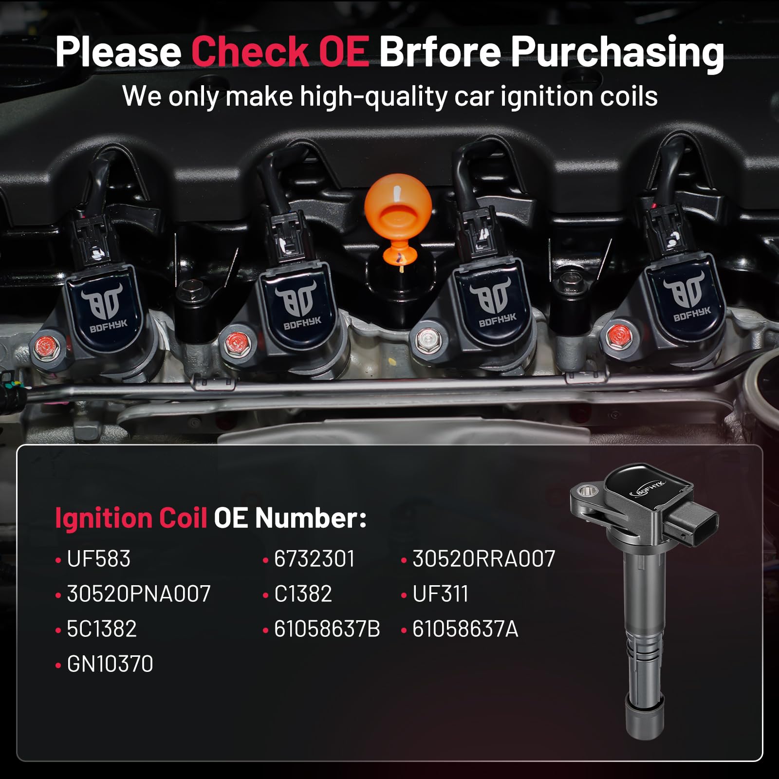BDFHYK 4-Piece Ignition Coil Pack Set - Compatible with Honda Accord, Civic, CR-V, Element, S2000 & Acura RSX L4 2.0L 2.4L - Replaces UF583, UF311, 5C1382 - Perfect for Engine Performance & Smooth Driving