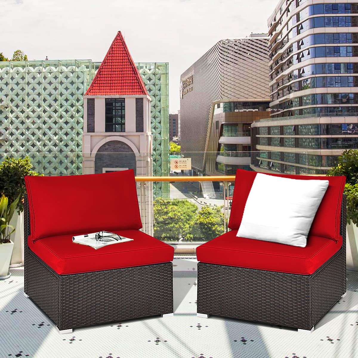 Tangkula 2-Piece Outdoor Wicker Armless Sofa Set with Thick Cushions - Patio Rattan Sectional Sofa for Garden, Balcony, Poolside - Includes 2 Seat & 2 Back Cushions (Red) | Perfect for Relaxing, Sunbathing & Outdoor Entertaining