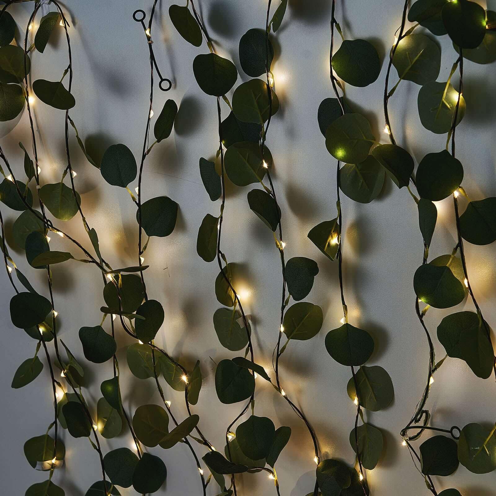 Efavormart 32FT 100 LED Green Artificial Eucalyptus Leaf Garland - Battery Operated Fairy String Lights for Wedding, Party, Garden & Home Decor (Indoor/Outdoor) | Romantic Backdrop, Christmas, Baby Shower & Event Decoration