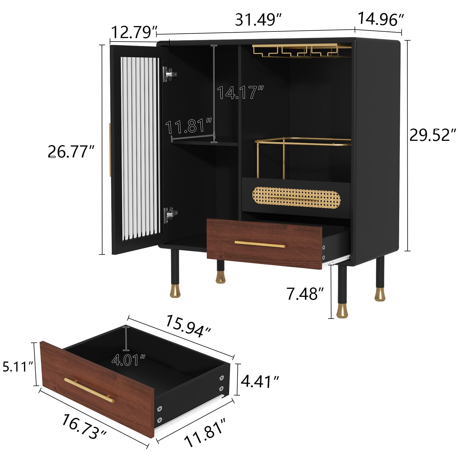 Modern Coffee Bar Cabinet with Wine Glass Rack & Storage Drawers - Black Kitchen Liquor Cabinet with Pull-Out Wine Rack for Dining Room, Living Room & Home Bar - Perfect for Entertaining Guests & Stylish Home Decor