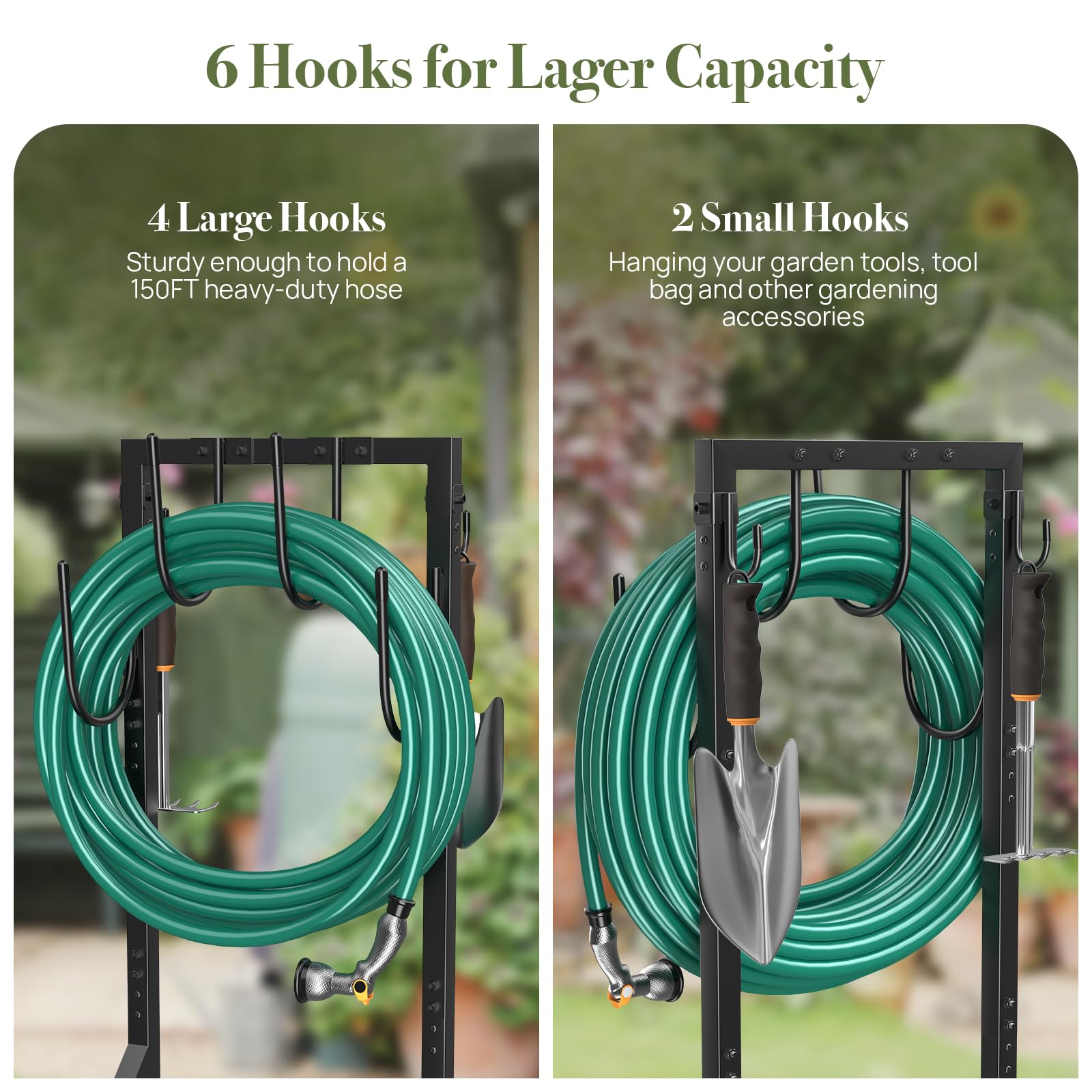 Heavy Duty Freestanding Garden Hose Holder with 4 Spikes & 6 Hooks - Outdoor Metal Water Hose Storage Stand Hanger for Yard, Lawn, and Garden (Black) | Perfect for Organizing Garden Hoses, Sprinklers, and Watering Tools