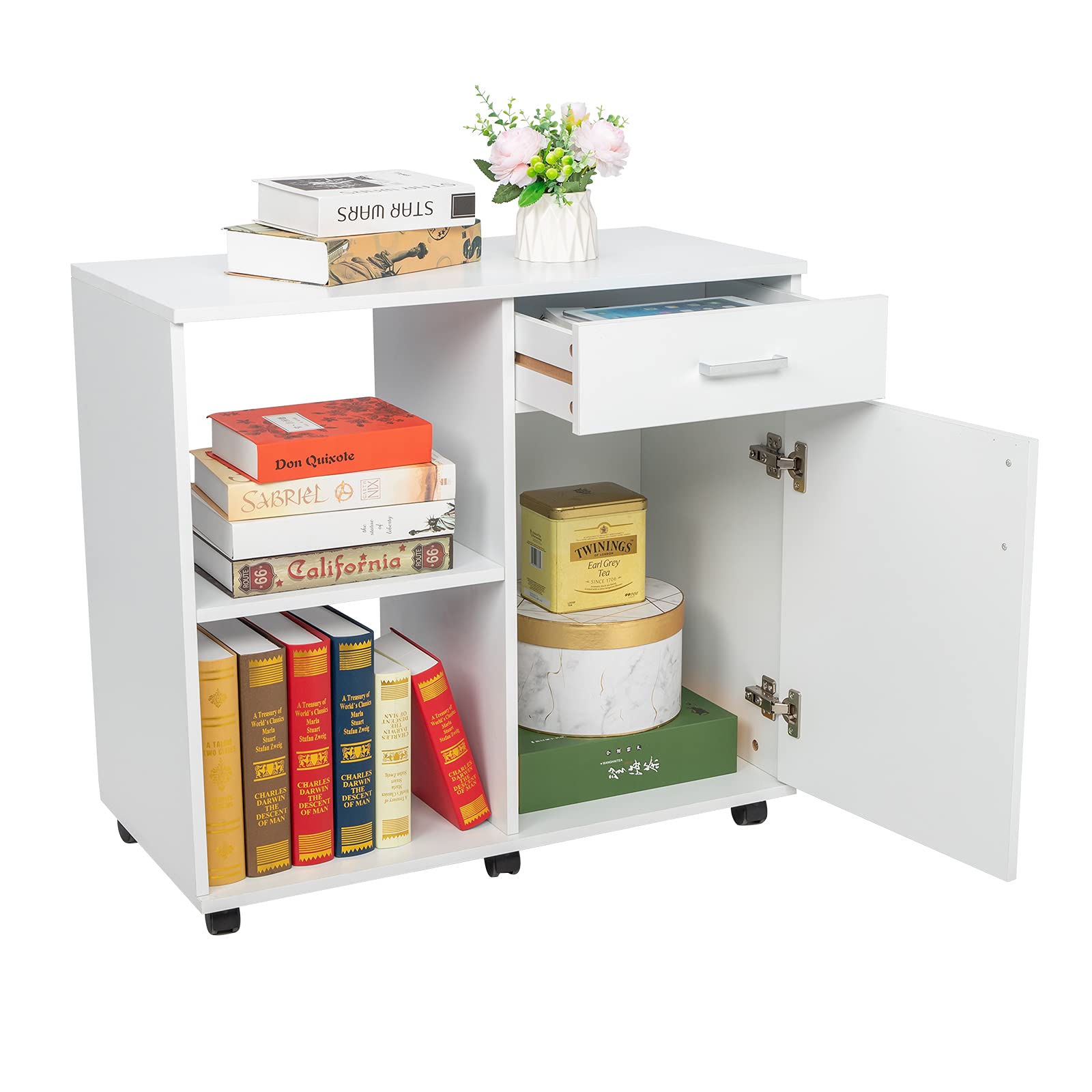 Wooden Mobile Lateral File Cabinet with Adjustable Shelf & Storage - Rolling File Cabinet on Wheels for Home Office, Printer Stand & Document Organization
