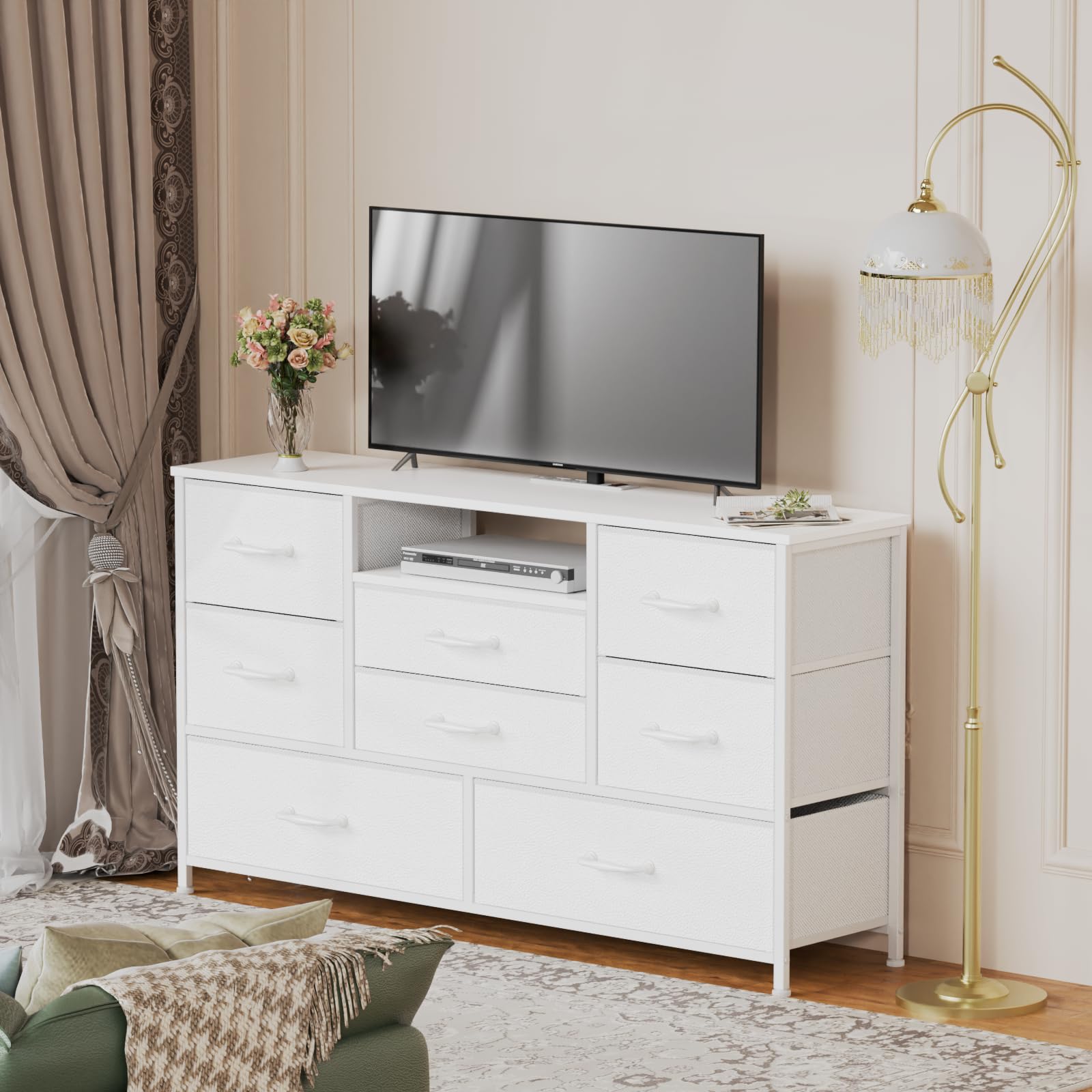Modern White Dresser with Power Outlet - 8-Drawer Storage Chest for Bedroom, Living Room, Entryway & Hallway - Perfect TV Stand for 55