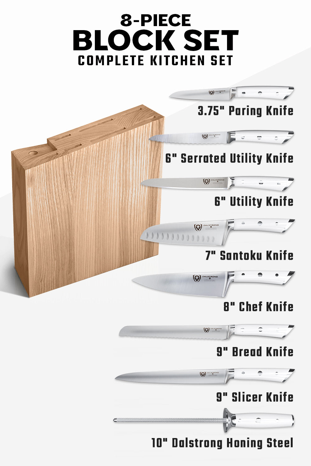 Dalstrong Gladiator Series 8-Piece NSF Certified Knife Block Set in White - Perfect for Home Chefs & Professional Kitchens