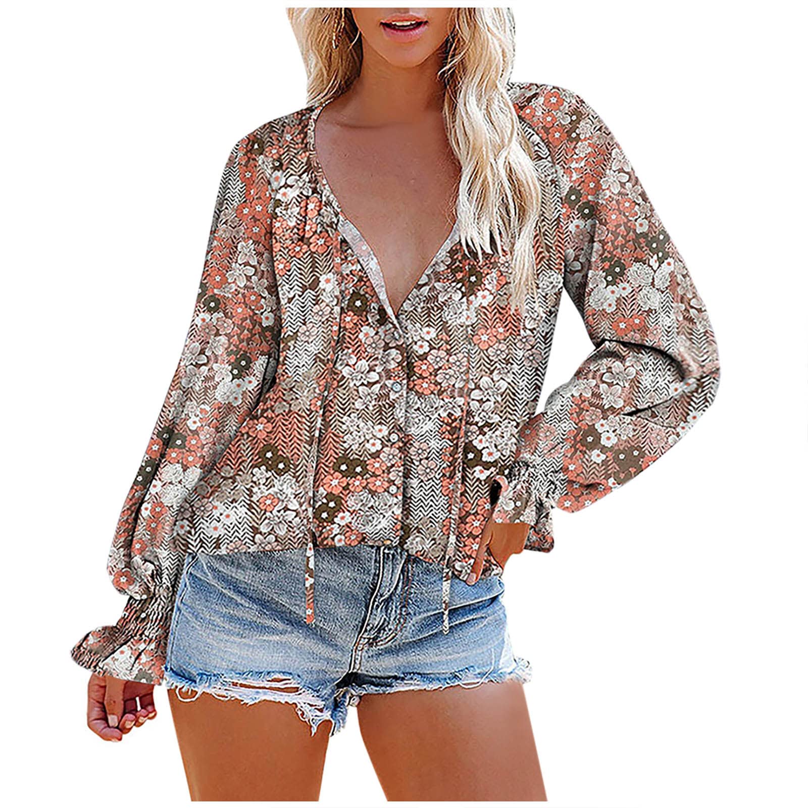 Tuianres Women's Chiffon Blouse - Long Ruffled Sleeve Printed Tunic Top with Button V-Neck | Lightweight Summer Casual Blouse for Office, Date Night & Outdoor Activities