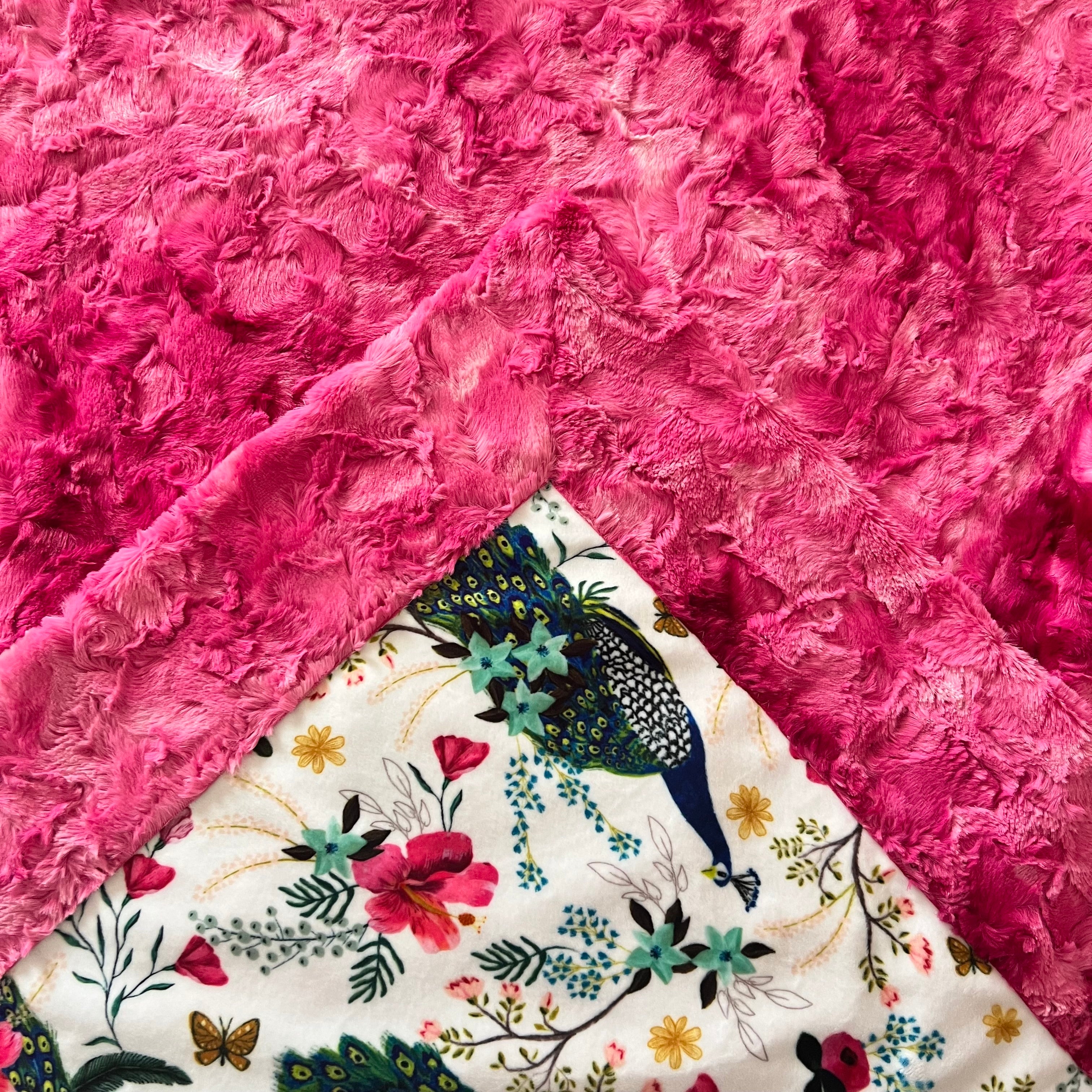 Plush Peacock Floral Fuchsia Marble Print Minky Blanket for Adults - 55x79 Inches - Soft Cozy Throw for Bed, Sofa & Home Decor