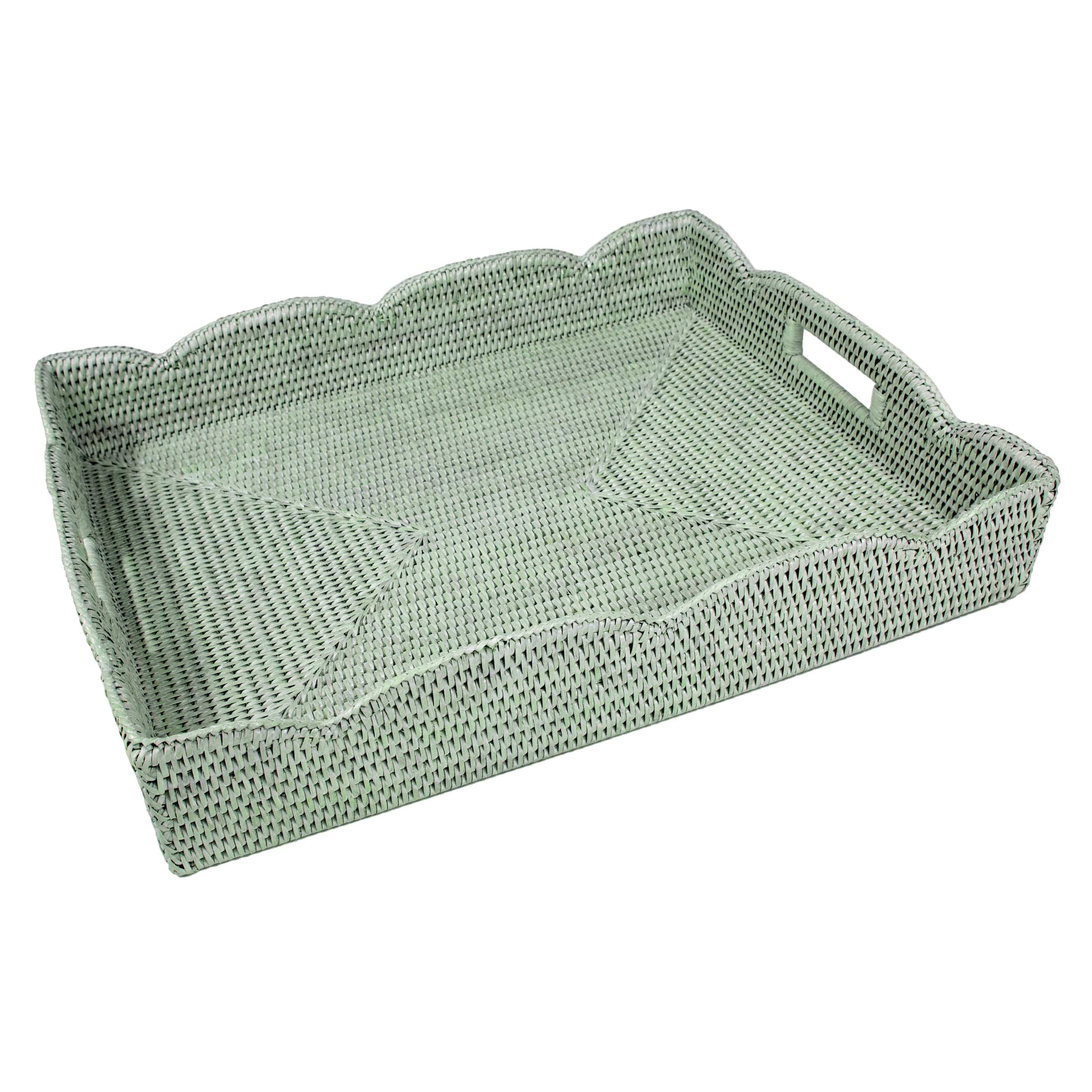Large Handled Scallop Rattan Tray Set - Natural Woven Storage Basket for Home Decor, Bathroom Organization & Coffee Table Display