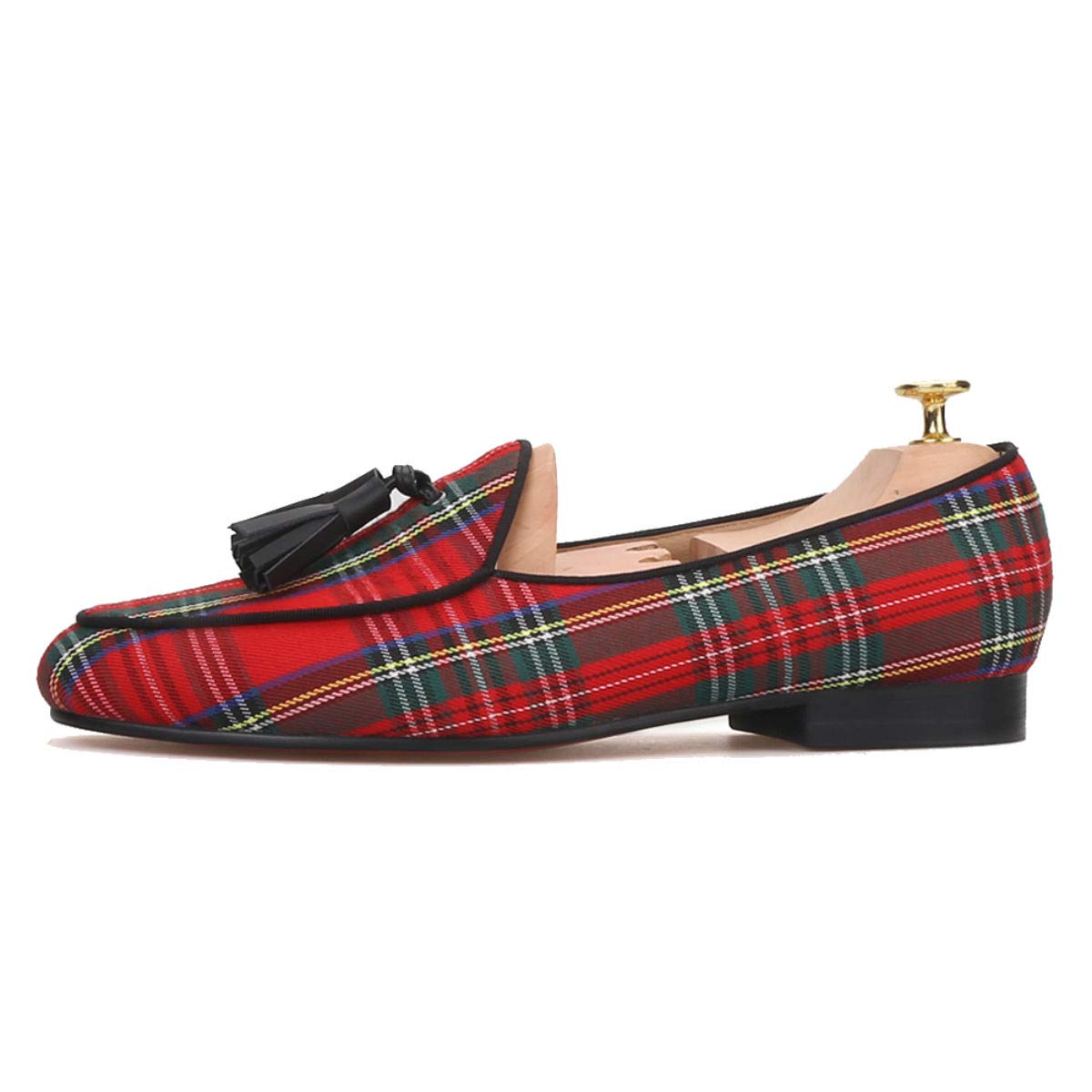 FERUCCI Men's Red Scottish Plaid Slippers - Comfortable Leather Loafers with Black Tassel for Indoor/Outdoor Wear - Perfect for Home, Office & Casual Occasions