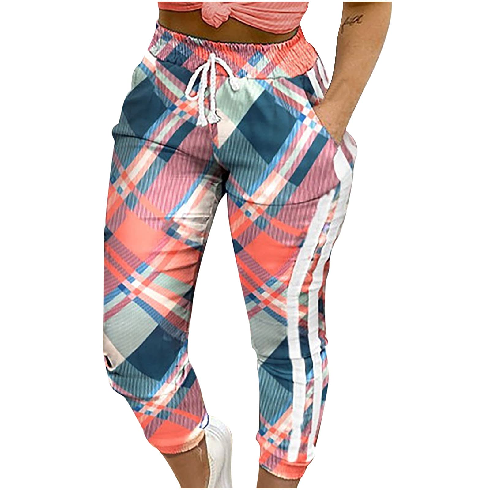 Women's Patchwork Striped Elastic Waist Jogger Pants with Drawstring & Pockets - Casual Straight Leg Lounge Pants for Yoga, Running, Travel and Everyday Wear