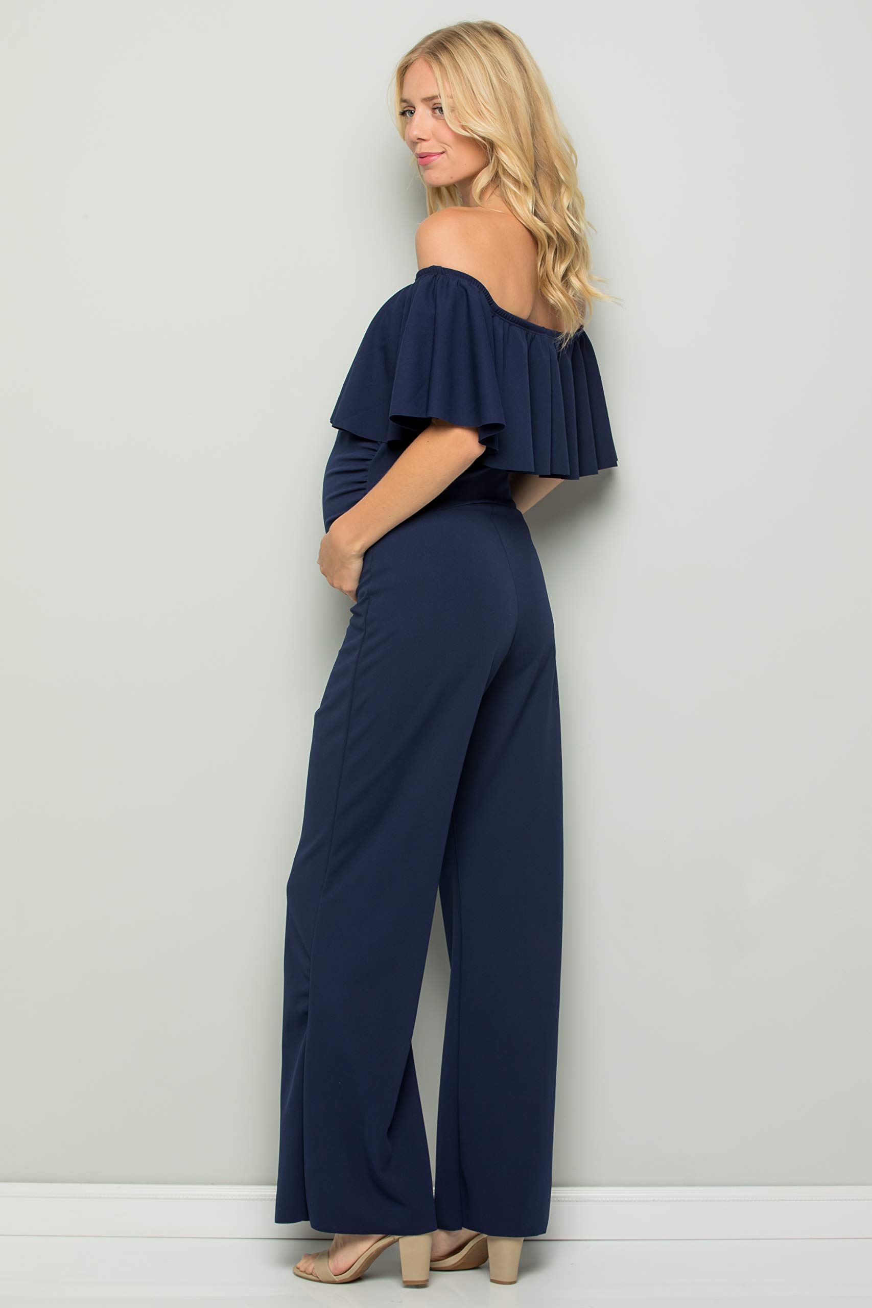 My Bump Maternity Ruffle Off Shoulder Jumpsuit - Made in USA | Comfortable Pregnancy Outfit for Baby Shower, Maternity Photos & Special Occasions