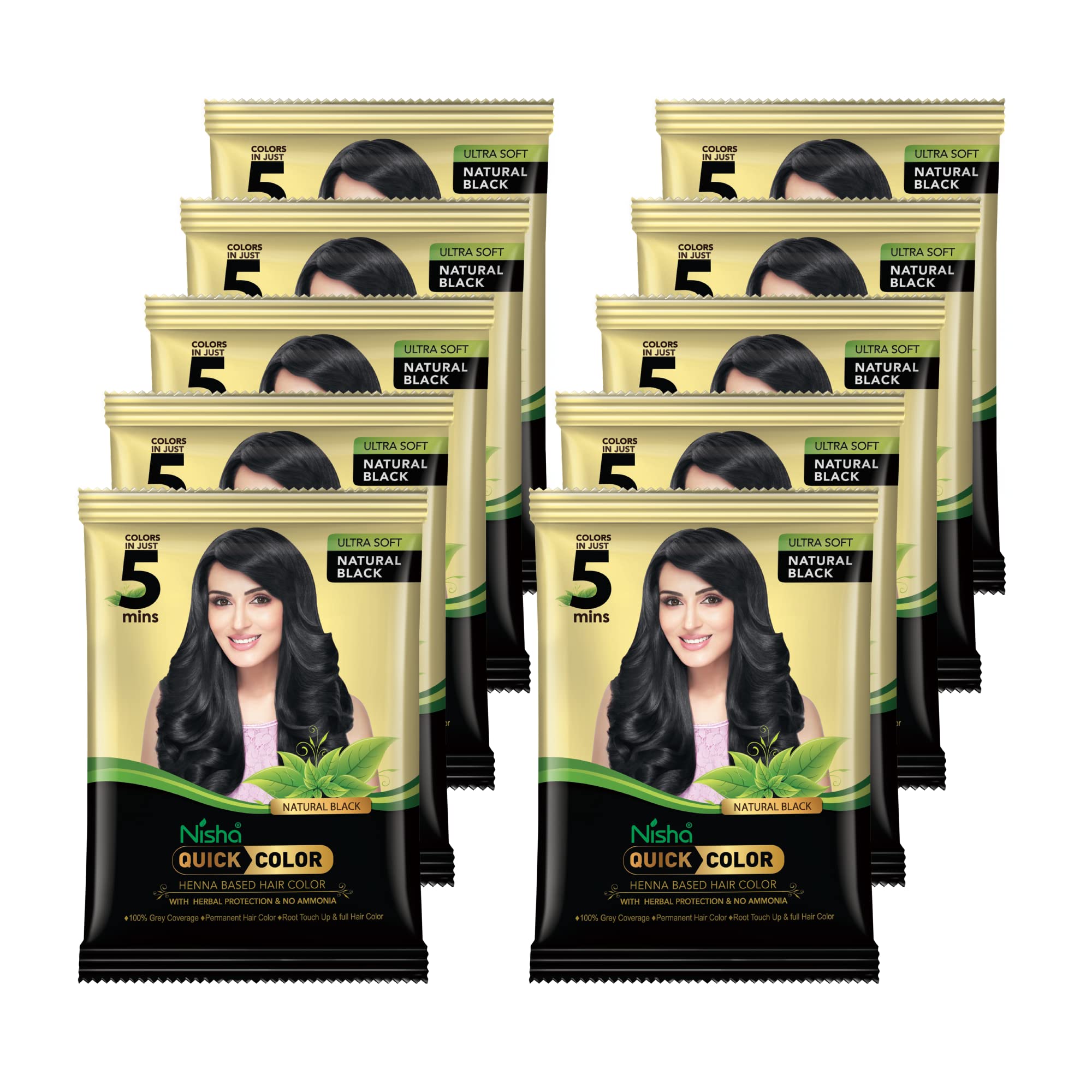 Nisha Quick Hair Color - 5 Minute Ammonia-Free Henna Hair Dye for Women & Men | 100% Gray Coverage | Natural Black Hair Color (10g x 10 Pack) | Perfect for Touch-Ups, Root Coverage & At-Home Hair Coloring