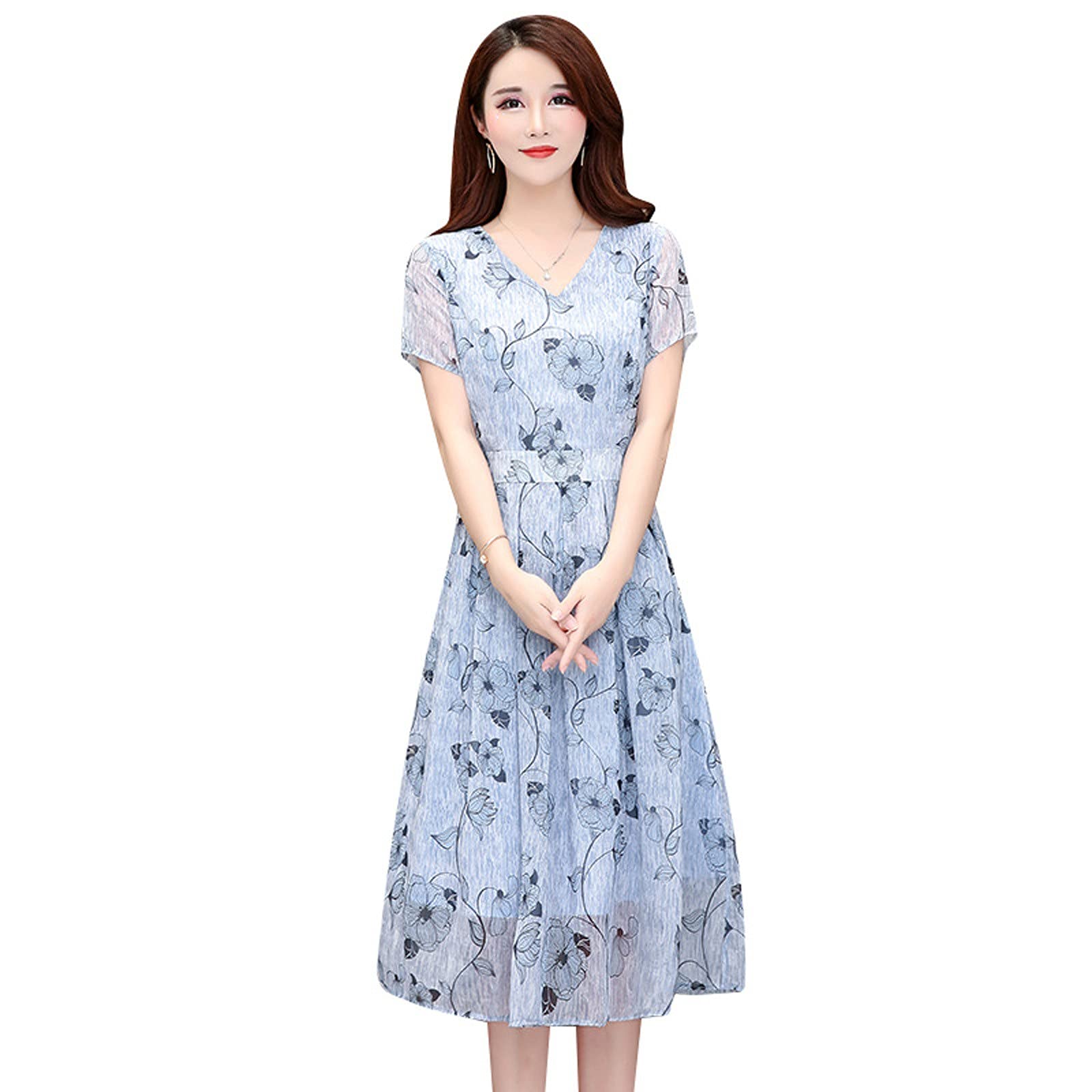 Women's Elegant Boho Floral Summer Dress - Short Sleeve High Waist Flowy Swing Midi Dress for Homecoming, Beach Vacation & Casual Outings