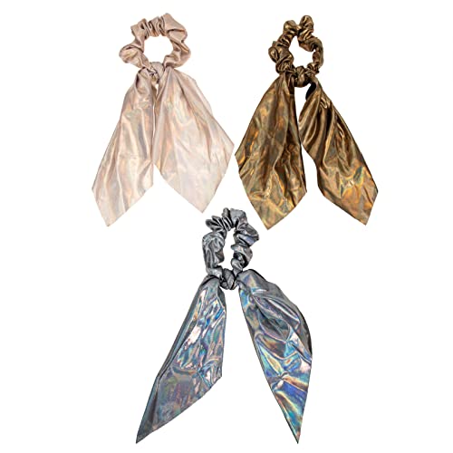 Beaupretty 3-Pack Iridescent Ribbon Hair Scrunchies - Elastic Hair Ties & Ponytail Holders for Women & Girls (Mixed Colors) | Perfect for School, Work, Parties & Everyday Styling