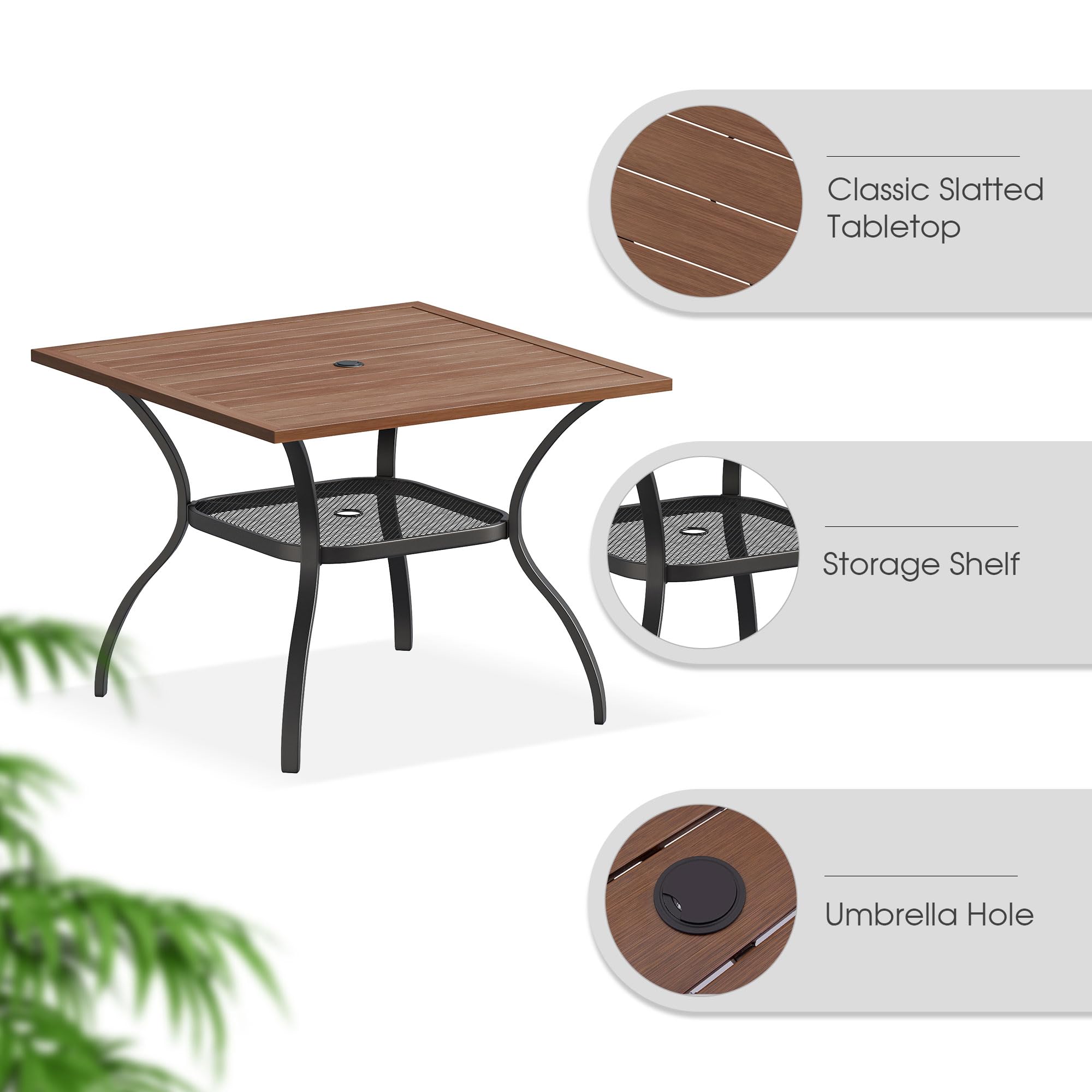 VICLLAX 4-Person Outdoor Patio Dining Table - Square Metal Slatted Design with Storage Shelf & Umbrella Hole - Weather-Resistant Walnut Finish - Perfect for Backyard, Deck, Garden & Poolside Dining
