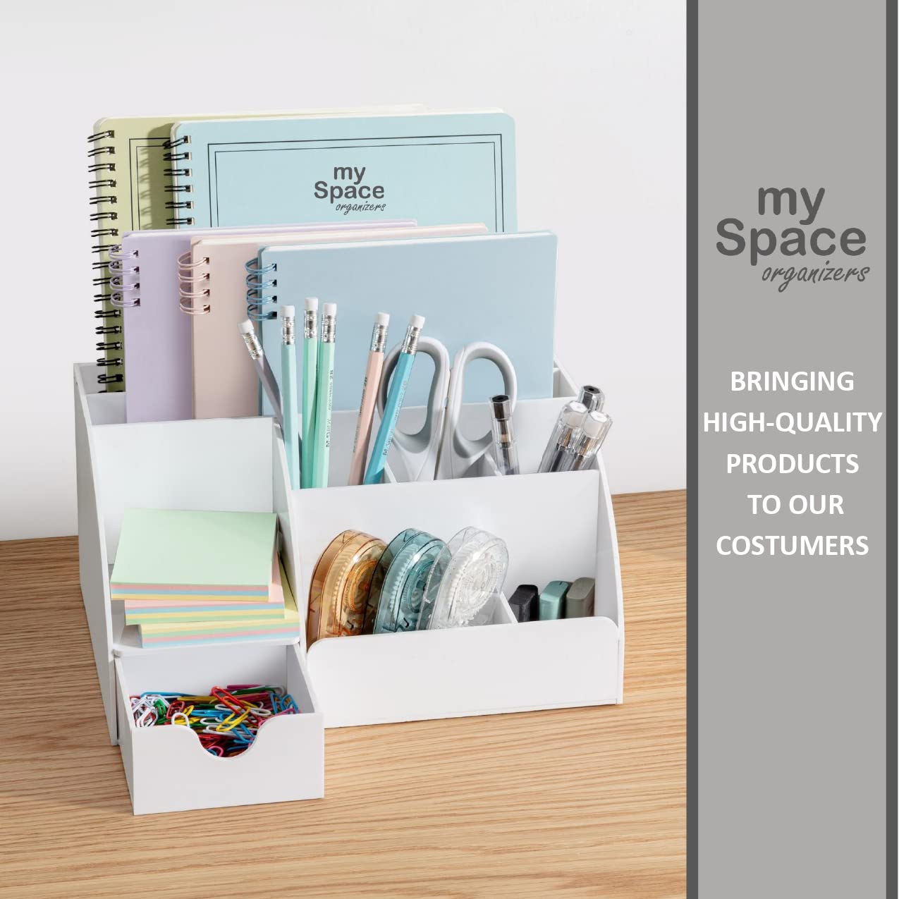 White Desk Organizer with 9 Compartments - Office Supplies & Desk Accessories Organizer, Pen Holder & Desktop Decor - Perfect for Home Office, Study Room & Workspace (White)