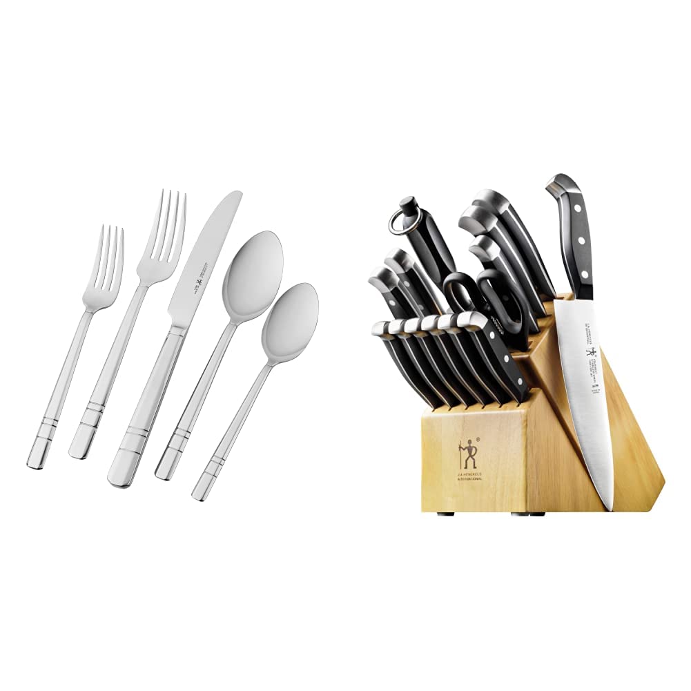 Premium HENCKELS 65-Piece Flatware Set & 15-Piece Knife Block Set - Stainless Steel Cutlery for Fine Dining, Entertaining & Everyday Use - Complete Silverware Collection for Home, Restaurant & Gifting