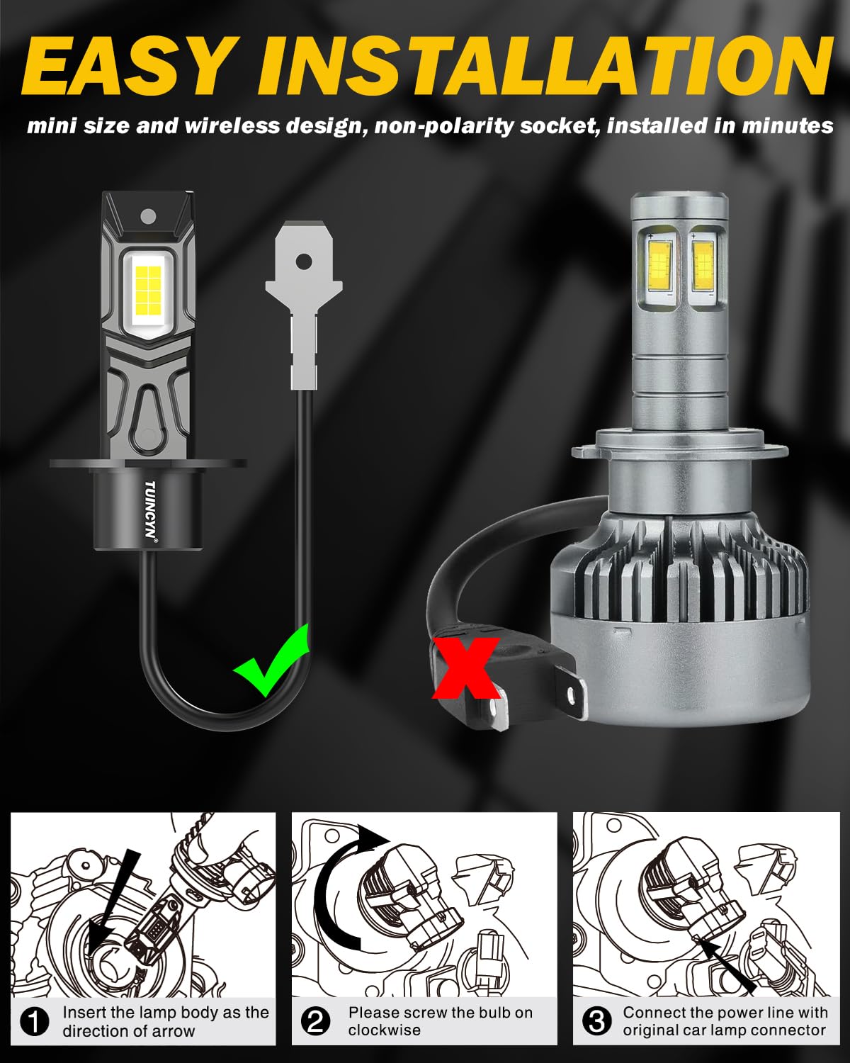 2024 Upgraded TUINCYN H3 LED Bulb - Super Bright 16000LM 80W 12V 6000K White Mini Fog Light - Fanless Design, Plug & Play, No Adapter Needed, Non-Polarity - Perfect for Car Headlights, Fog Lights & Off-Road Vehicles (Pack of 2)
