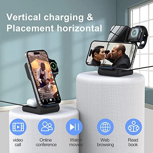 3-in-1 Fast Wireless Charging Station Stand for iPhone 15/14/13/12/Pro/Max, Samsung Galaxy S23/S22/S21/Note, AirPods - Qi Certified Charger Pad for Home, Office & Nightstand (Black)
