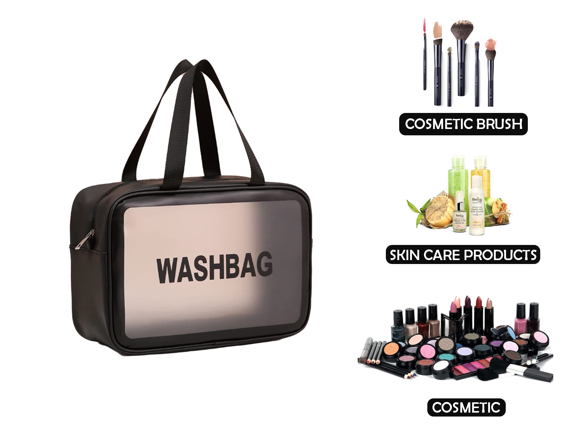 Waterproof PVC Cosmetic Bag for Travel & Home - Zippered Makeup Pouch for Cosmetics, Brushes & Accessories - Portable Toiletry Bag (Black) - Perfect for Gym, Beach & Daily Use