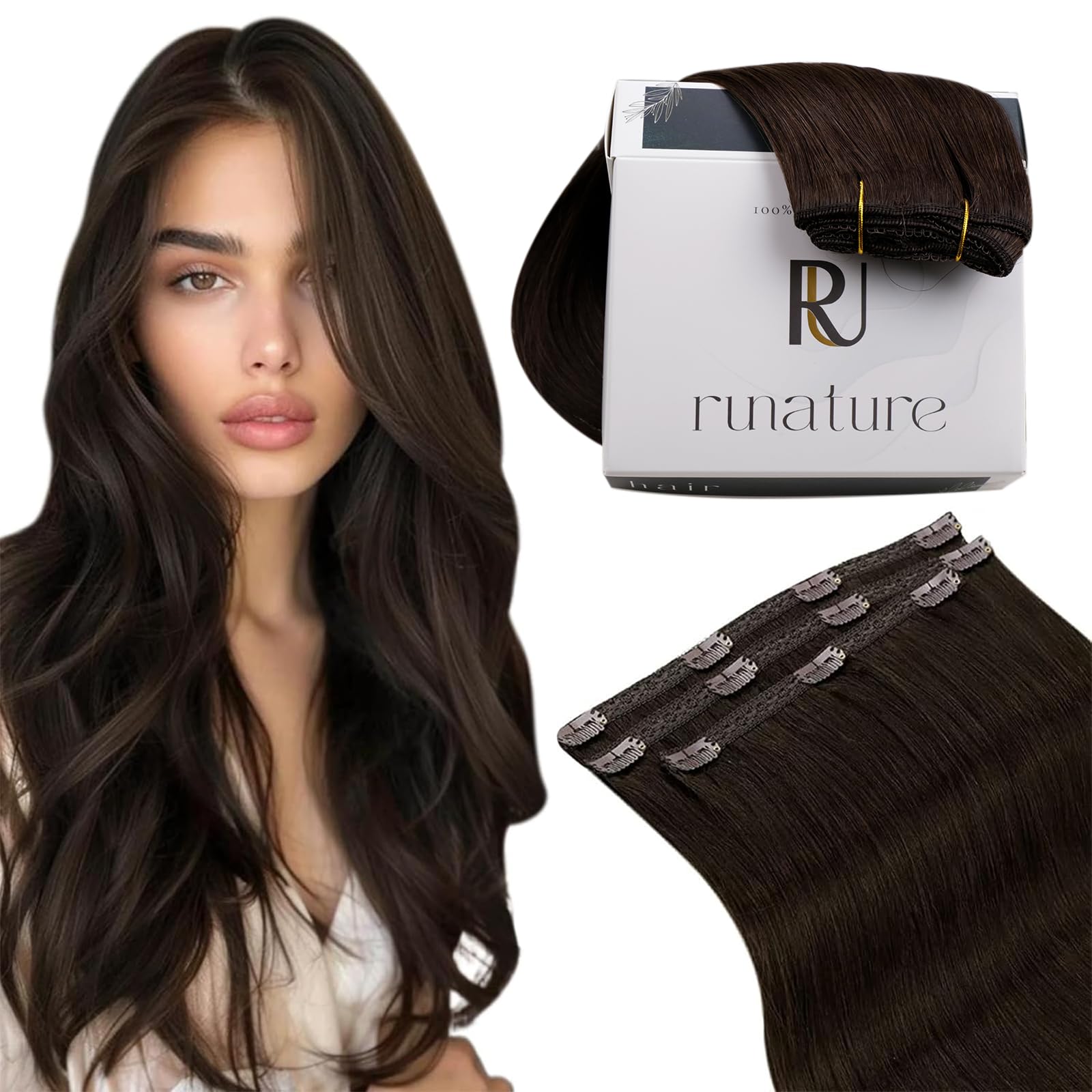 RUNATURE 18 Inch Dark Brown Clip in Hair Extensions - Real Human Remy Hair, Double Weft 50g (3pcs) for Women - Soft, Natural Look | Perfect for Daily Wear, Parties & Special Occasions