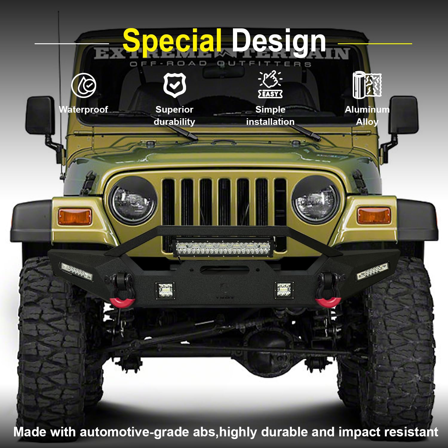 Wrangler TJ Front Bumper 97-06 | Heavy Duty Rock Crawler Off Road Bumper with Winch Plate, 5 LED Lights & 2 D-Rings | Textured Black Finish | Perfect for Jeep Wrangler TJ Trail Riding & Off-Road Adventures