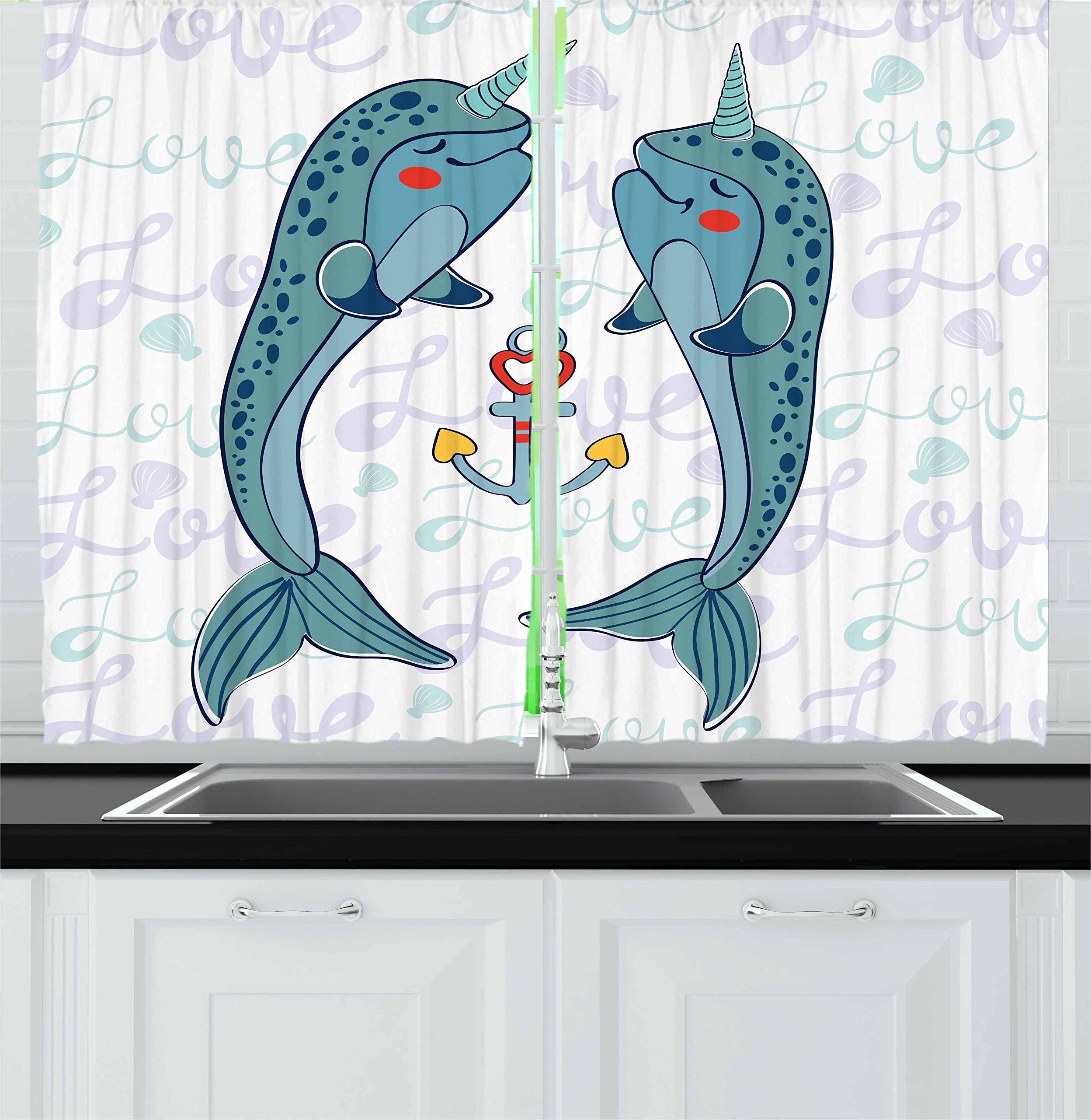 Ambesonne Narwhal Kitchen Curtains Set of 2 Panels - Valentine's Day Themed Nautical Whale Couple Illustration, 55